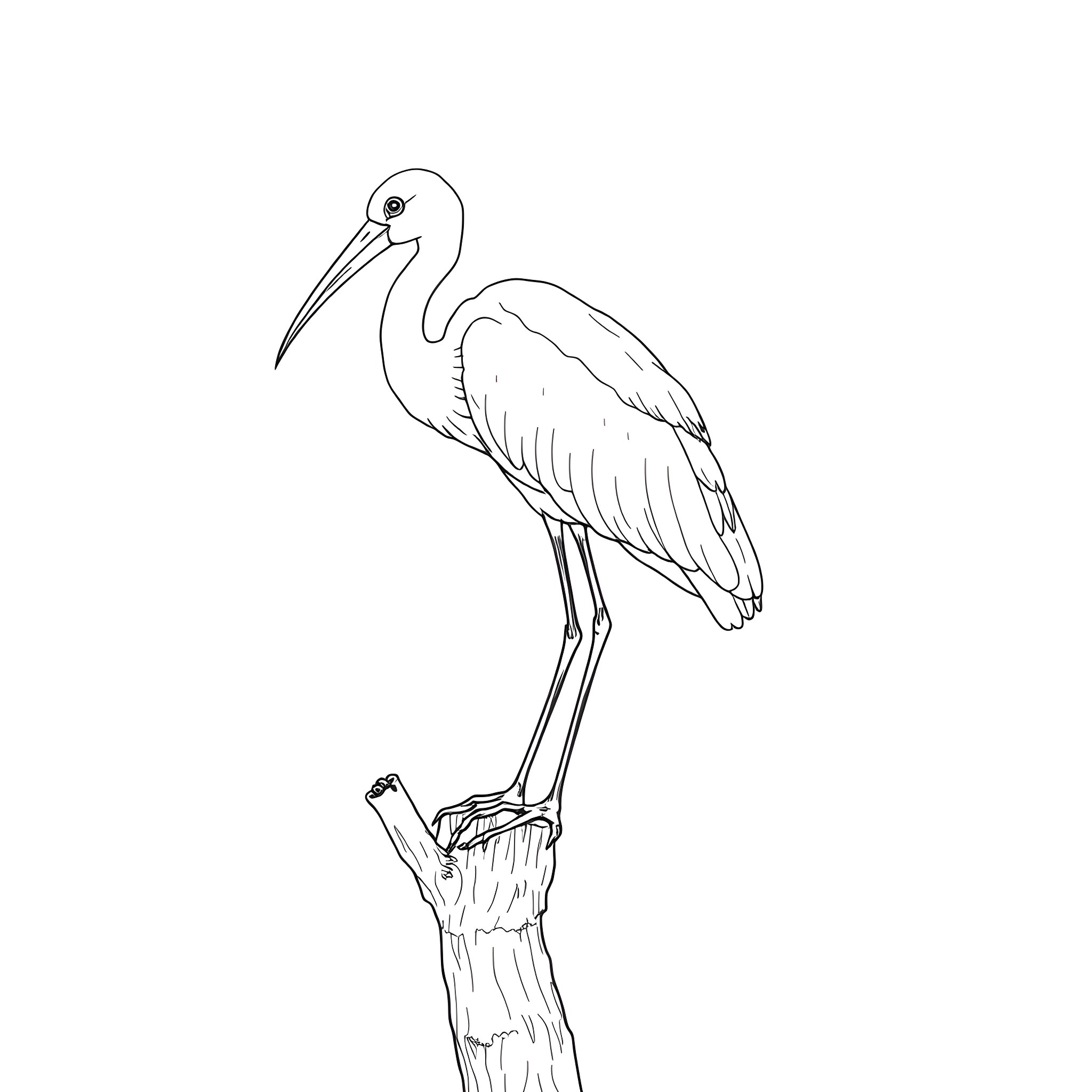 Scarlet Ibis perched on tree stump Coloring Page (free black-and-white line drawing printable PDF for all, from beginners to advanced learners, including children, teens, adults, and seniors)