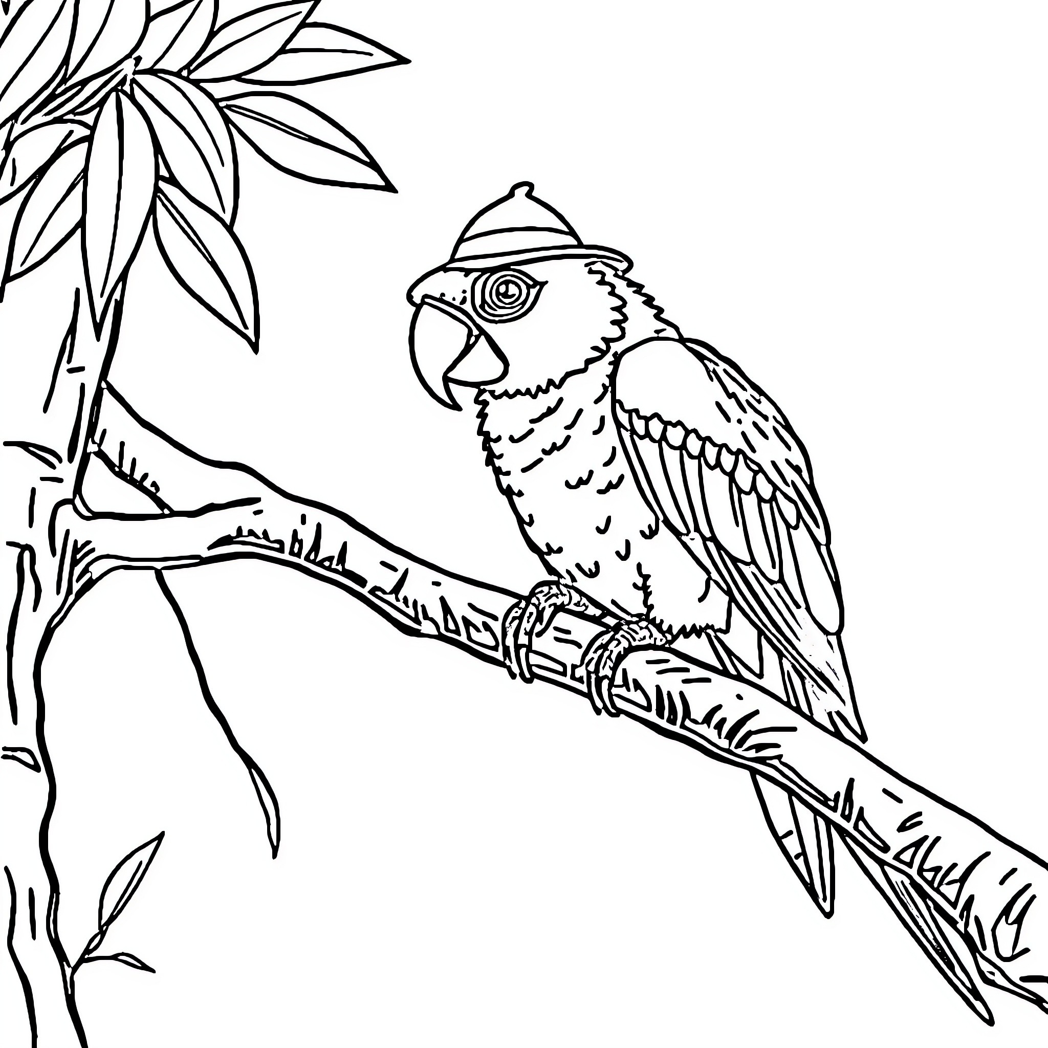 Parrot perched on branch with tropical foliage Coloring Page (free black-and-white line drawing printable PDF for all, from beginners to advanced learners, including children, teens, adults, and seniors)