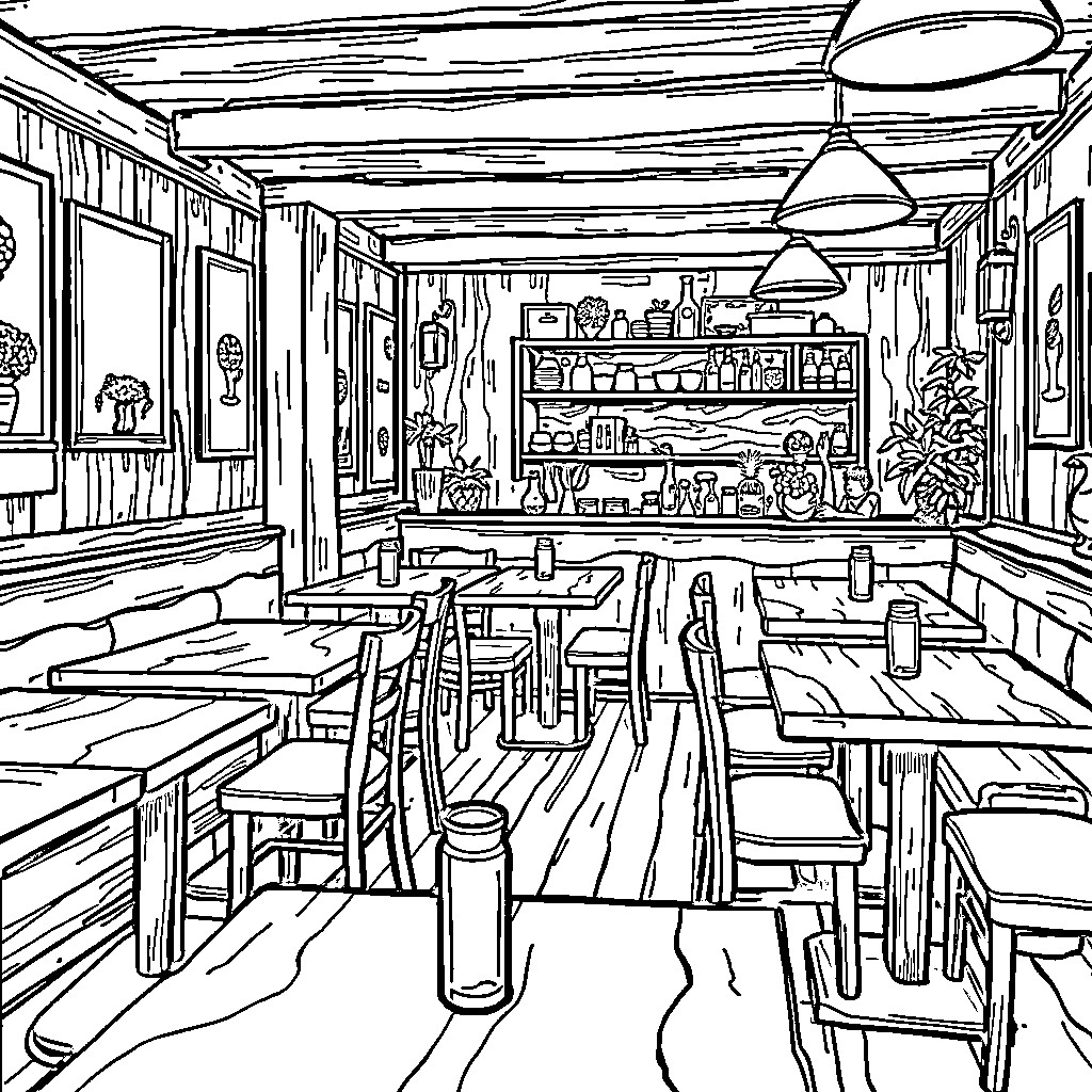 Table of a Rustic Cafe Interior Coloring Page (free black-and-white line drawing printable PDF for all, from beginners to advanced learners, including children, teens, adults, and seniors)