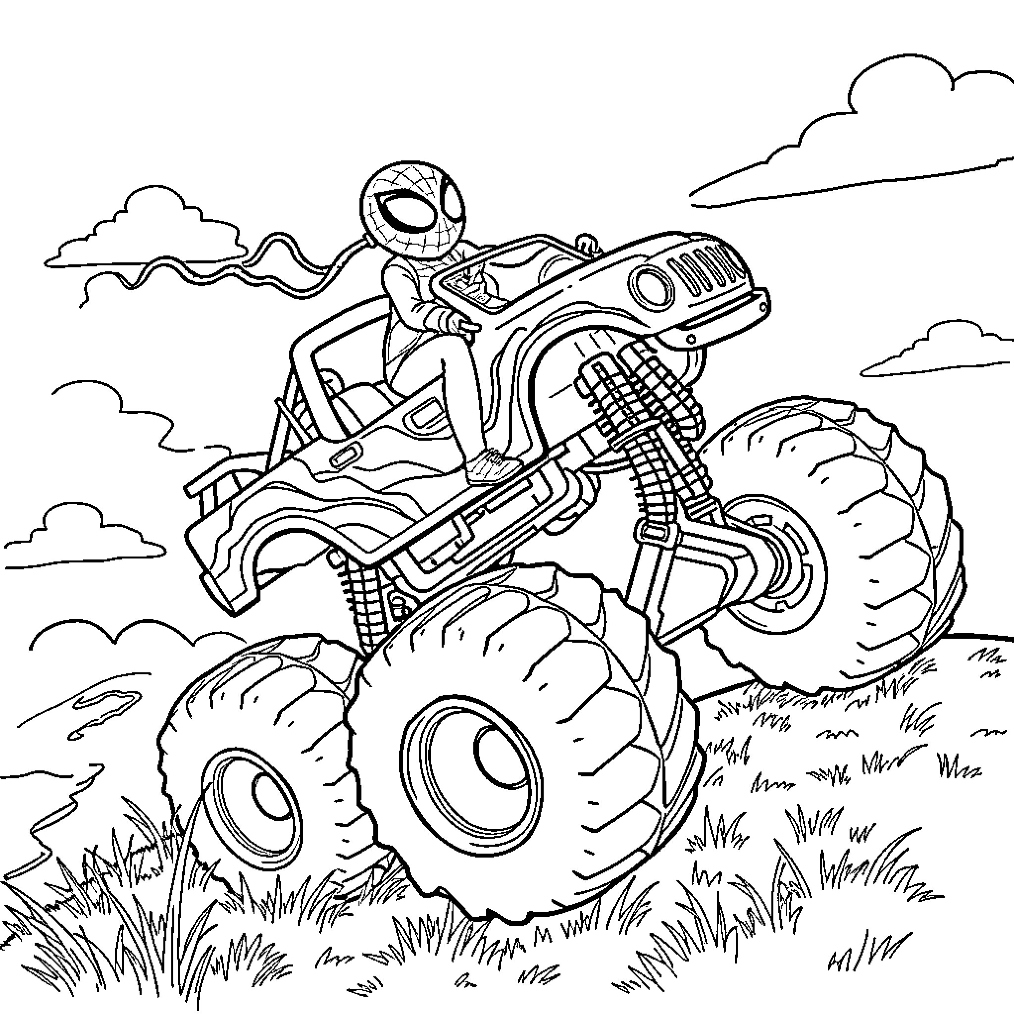 Monster Truck Soaring Over Rugged Terrain Coloring Page (free black-and-white line drawing printable PDF for all, from beginners to advanced learners, including children, teens, adults, and seniors)