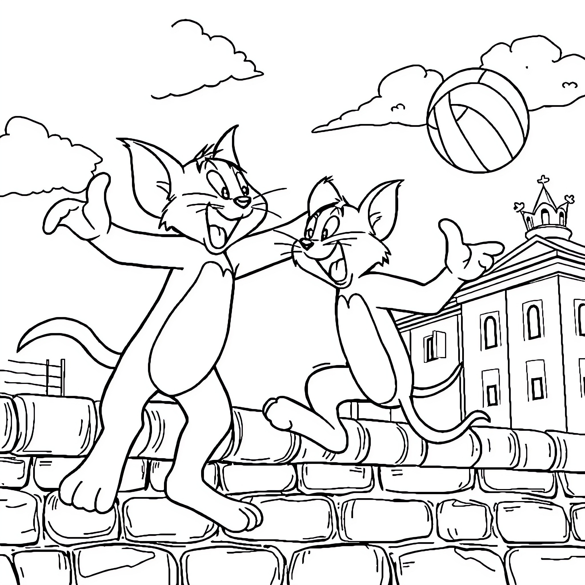 Tom and Jerry chasing each other in the city Coloring Page (free black-and-white line drawing printable PDF for all, from beginners to advanced learners, including children, teens, adults, and seniors)