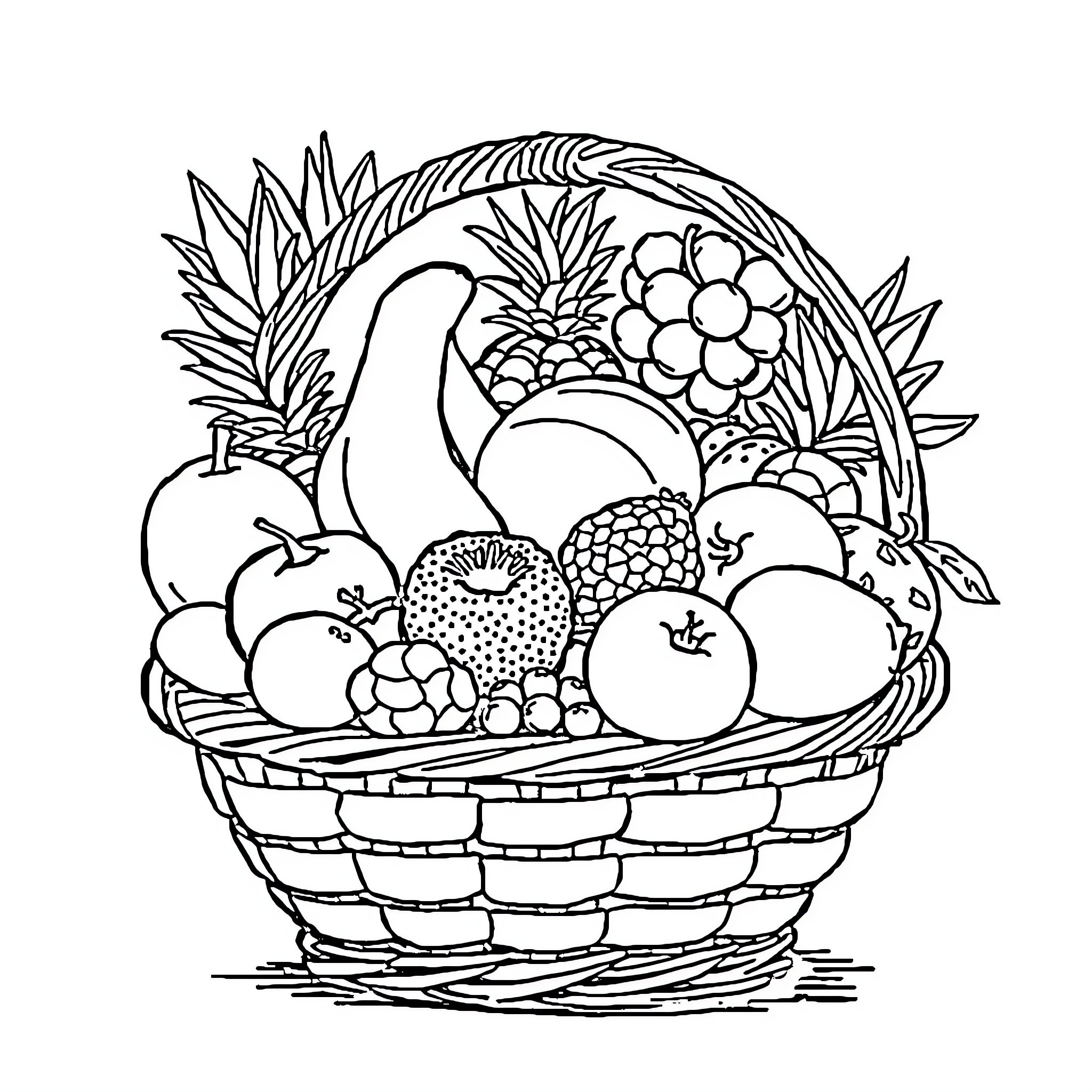 Fruit Basket with Assorted Produce Coloring Page (free black-and-white line drawing printable PDF for all, from beginners to advanced learners, including children, teens, adults, and seniors)