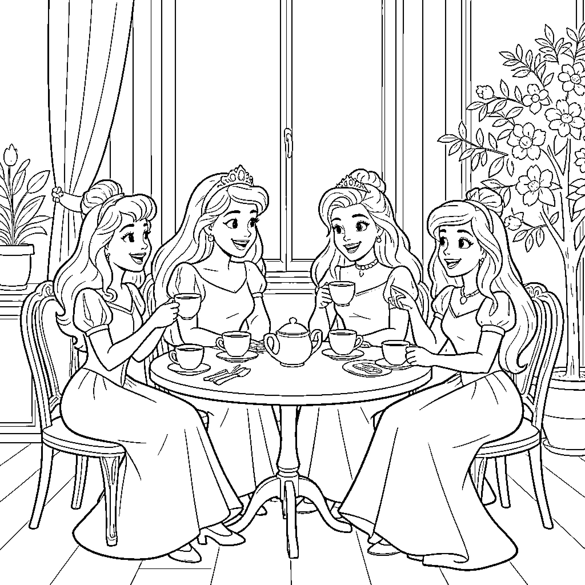 Disney Princesses enjoying tea time at a table Coloring Page (free black-and-white line drawing printable PDF for all, from beginners to advanced learners, including children, teens, adults, and seniors)
