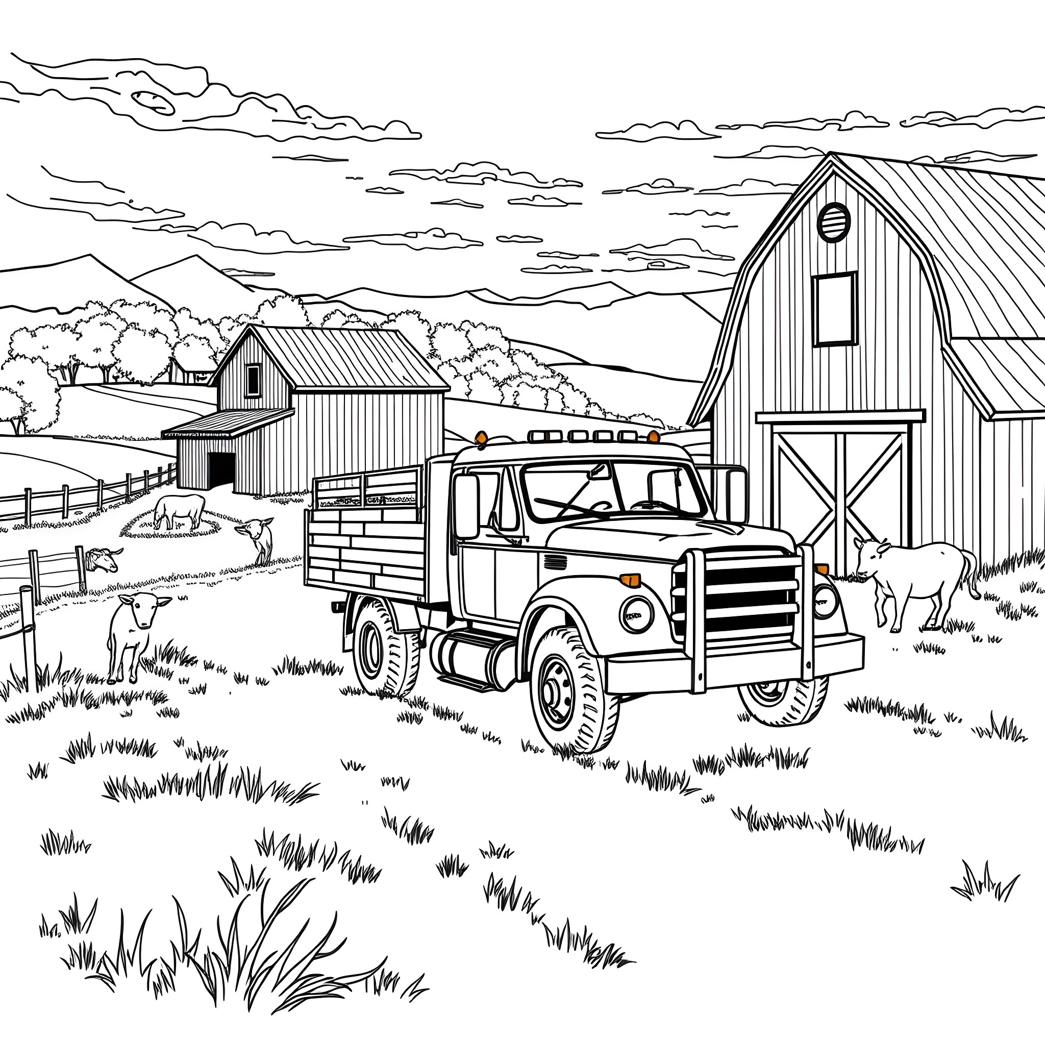Truck transporting livestock on a rural farm Coloring Page (free black-and-white line drawing printable PDF for all, from beginners to advanced learners, including children, teens, adults, and seniors)