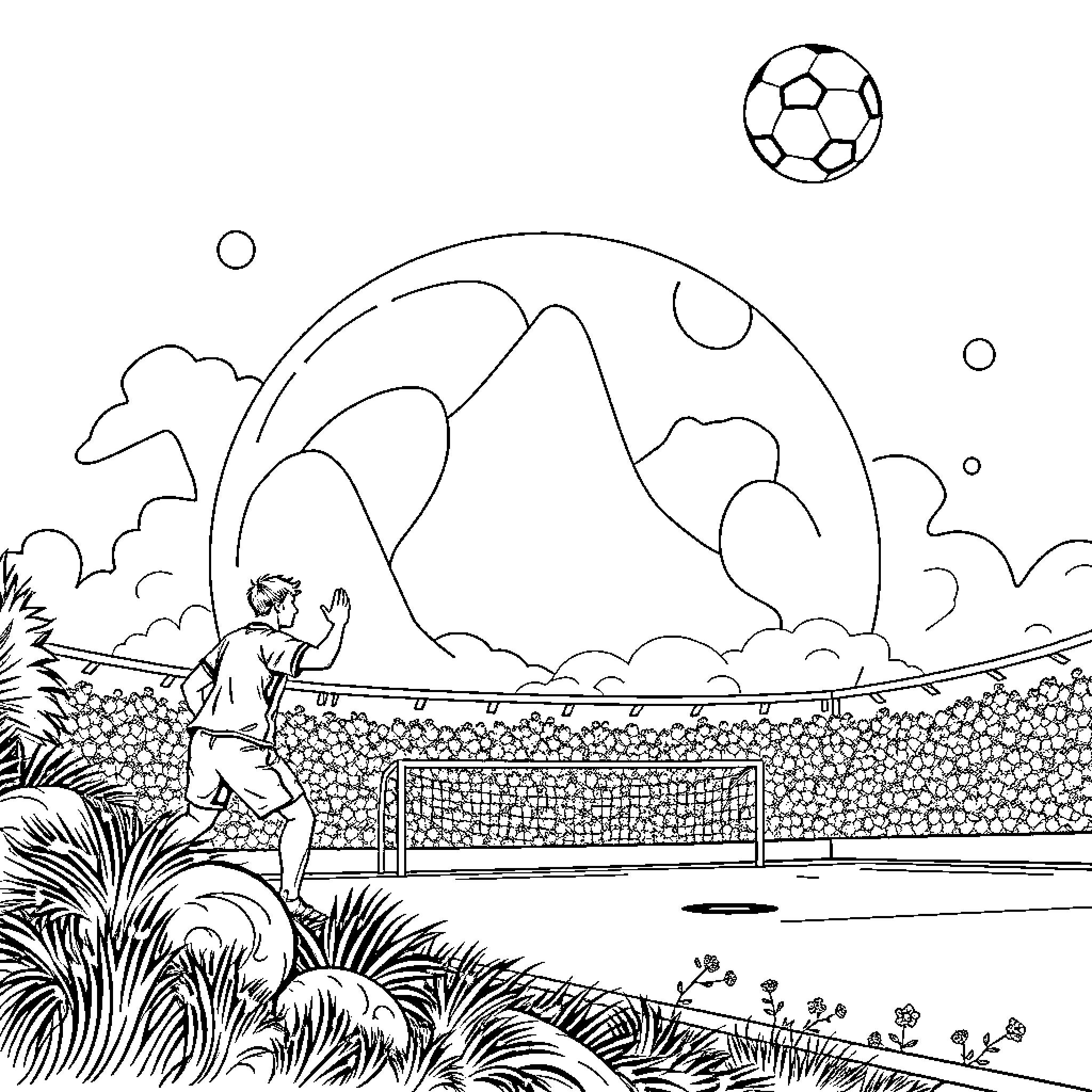 Boy playing soccer in a mountainous landscape Coloring Page (free black-and-white line drawing printable PDF for all, from beginners to advanced learners, including children, teens, adults, and seniors)