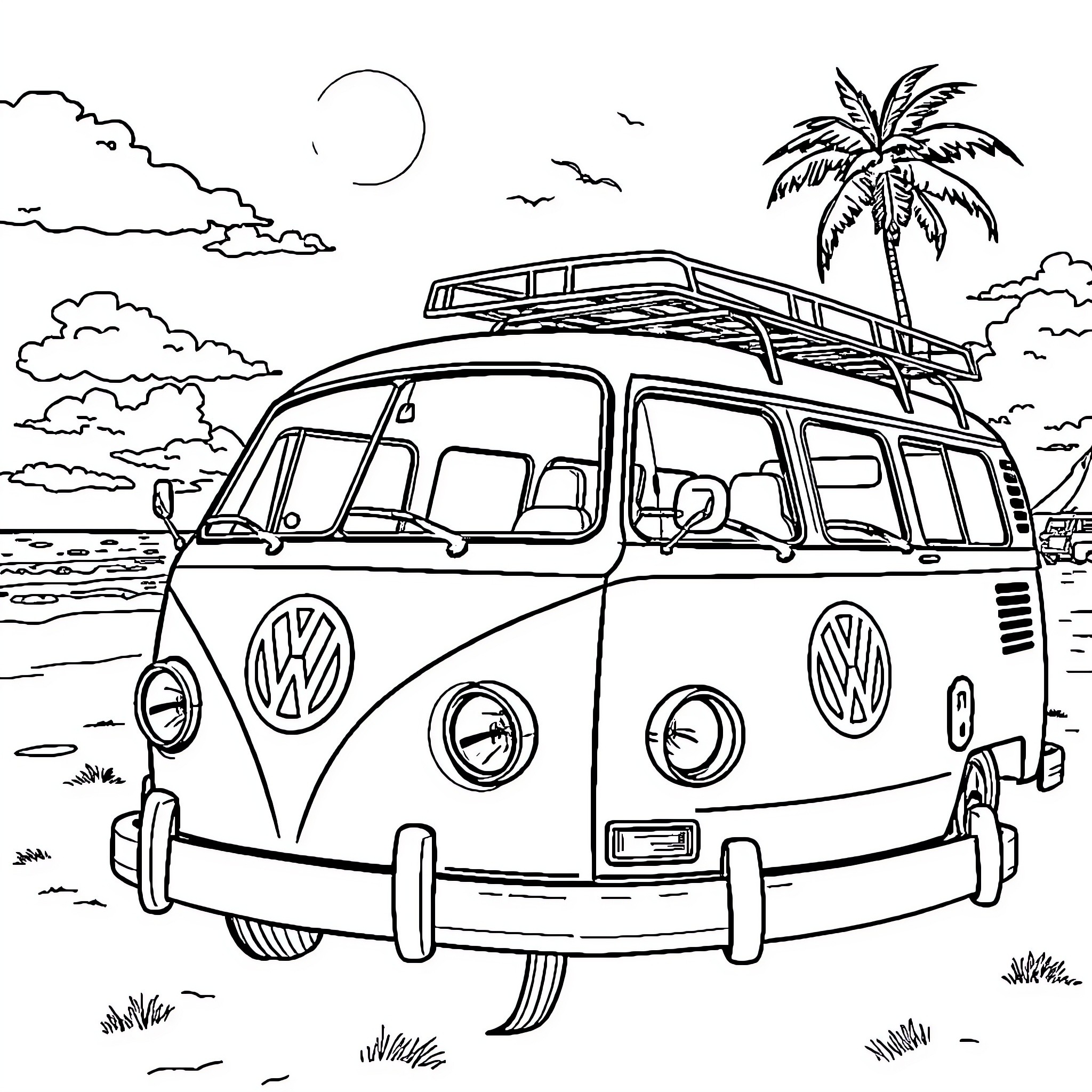 Volkswagen camper van at the beach under the moon Coloring Page (free black-and-white line drawing printable PDF for all, from beginners to advanced learners, including children, teens, adults, and seniors)