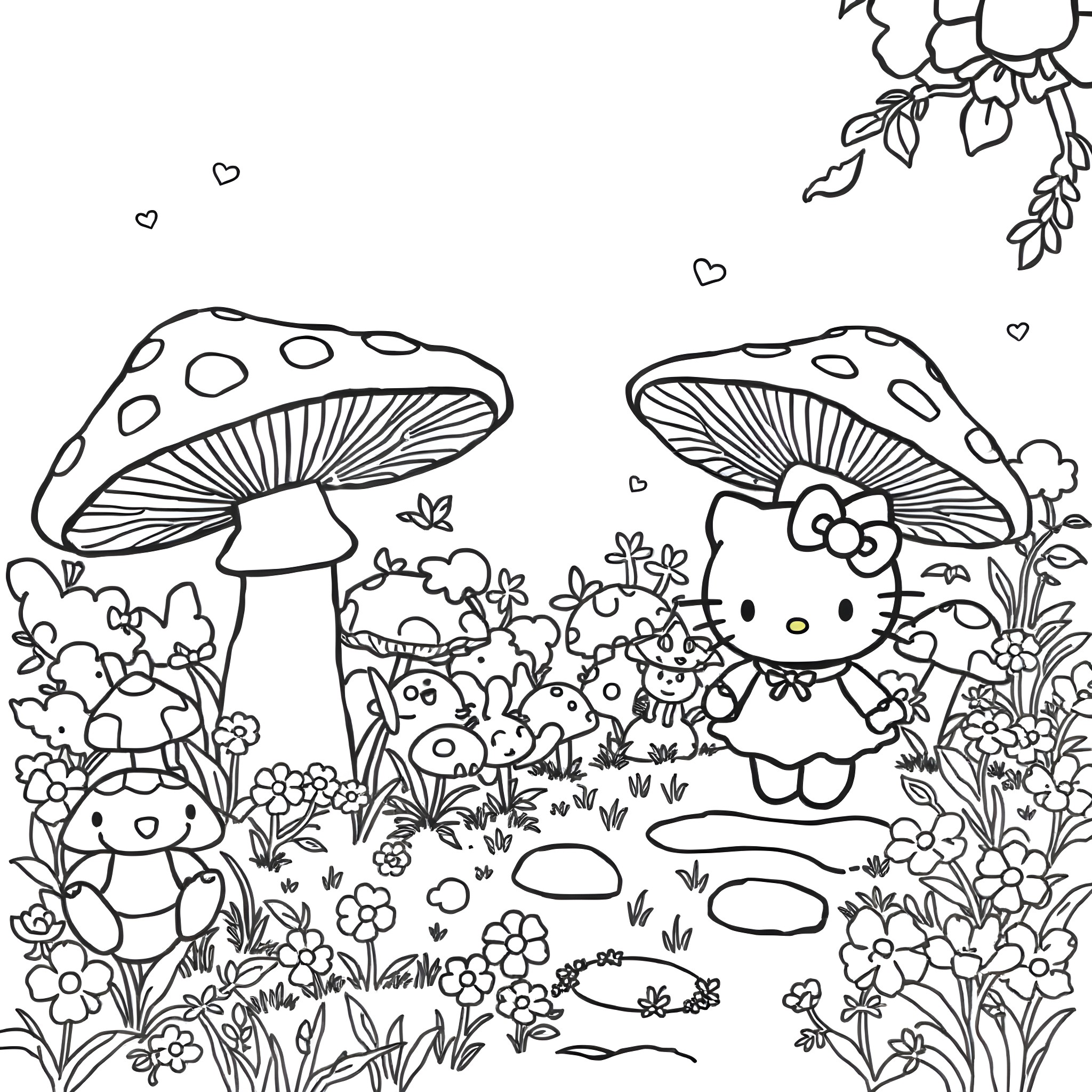 Hello Kitty explores the magical mushroom forest Coloring Page (free black-and-white line drawing printable PDF for all, from beginners to advanced learners, including children, teens, adults, and seniors)