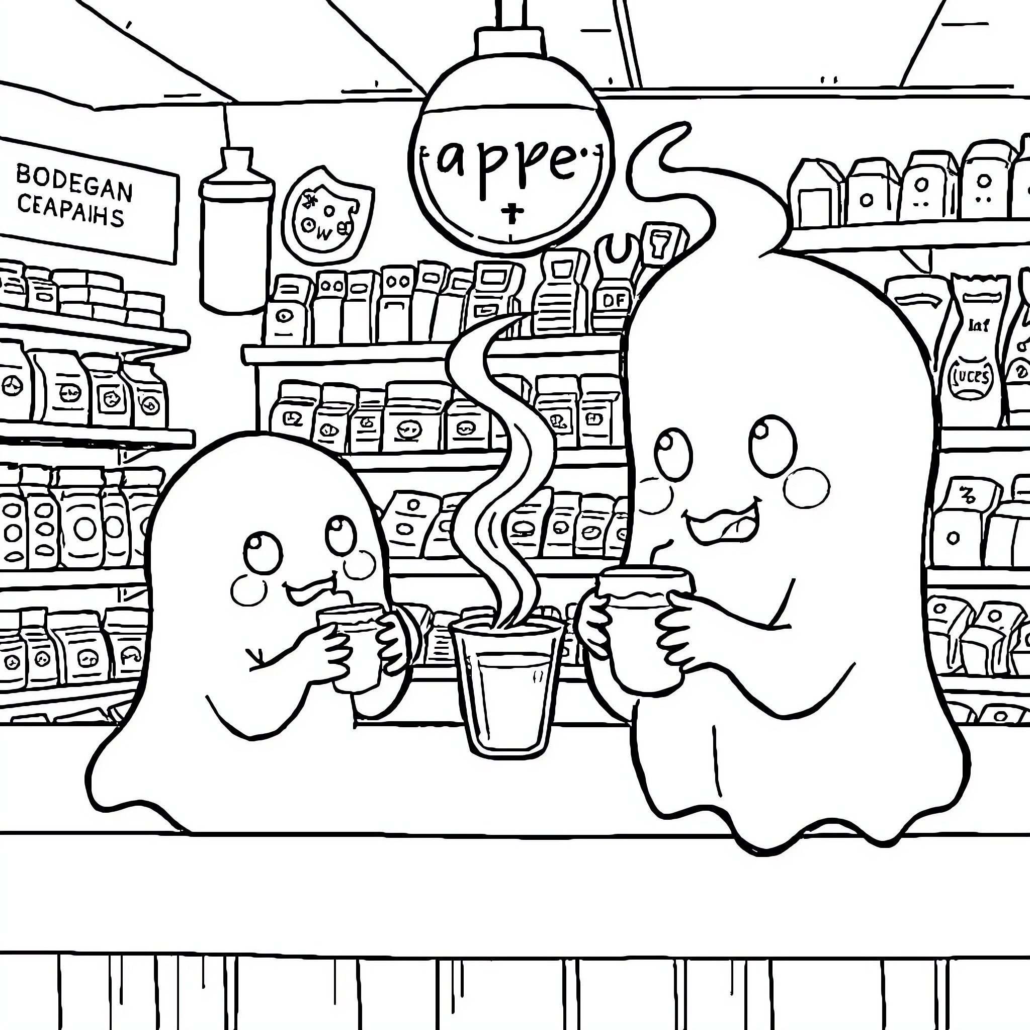 Ghost-like creatures exploring a grocery store Coloring Page (free black-and-white line drawing printable PDF for all, from beginners to advanced learners, including children, teens, adults, and seniors)