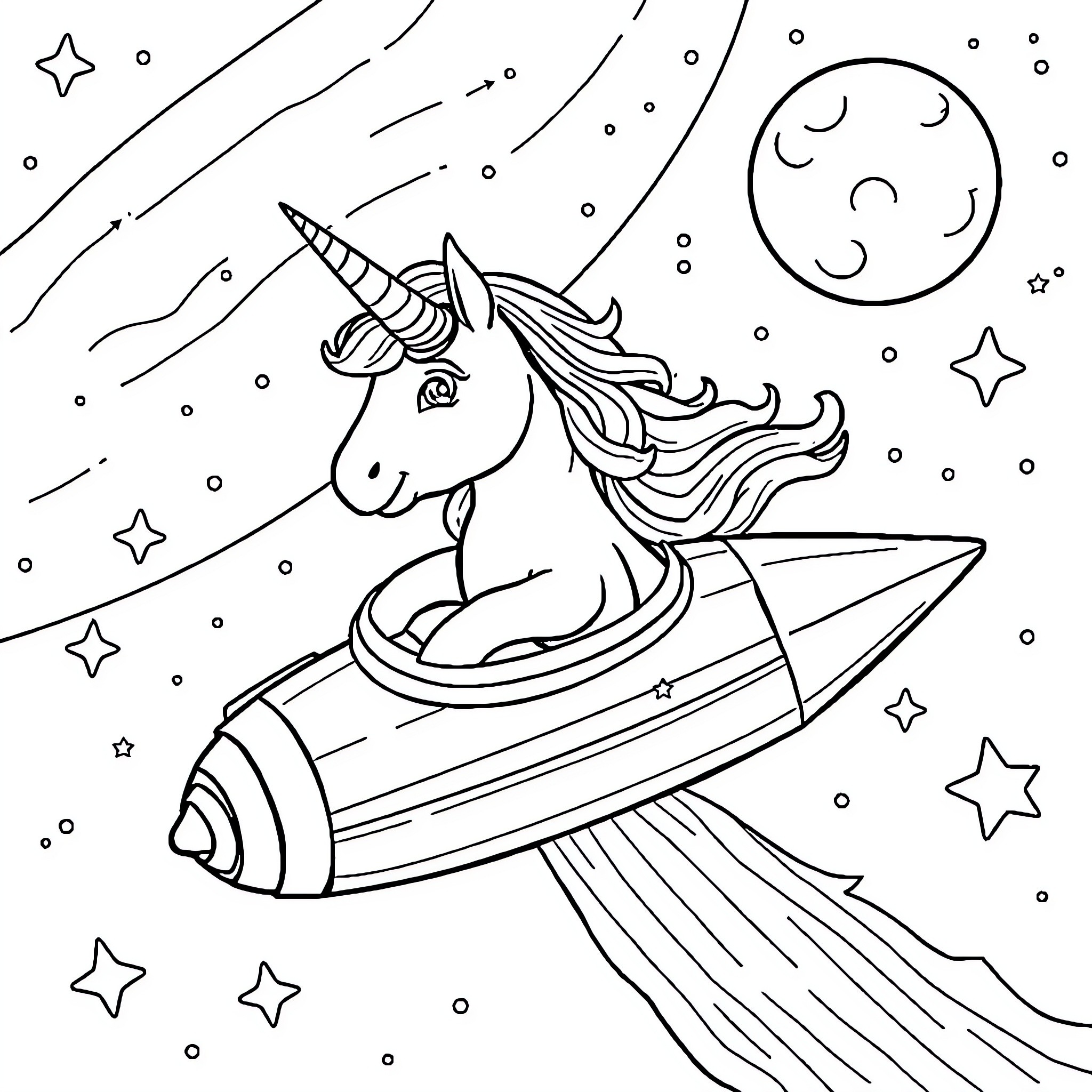Unicorn Riding Rocket Through Starry Night Coloring Page (free black-and-white line drawing printable PDF for all, from beginners to advanced learners, including children, teens, adults, and seniors)