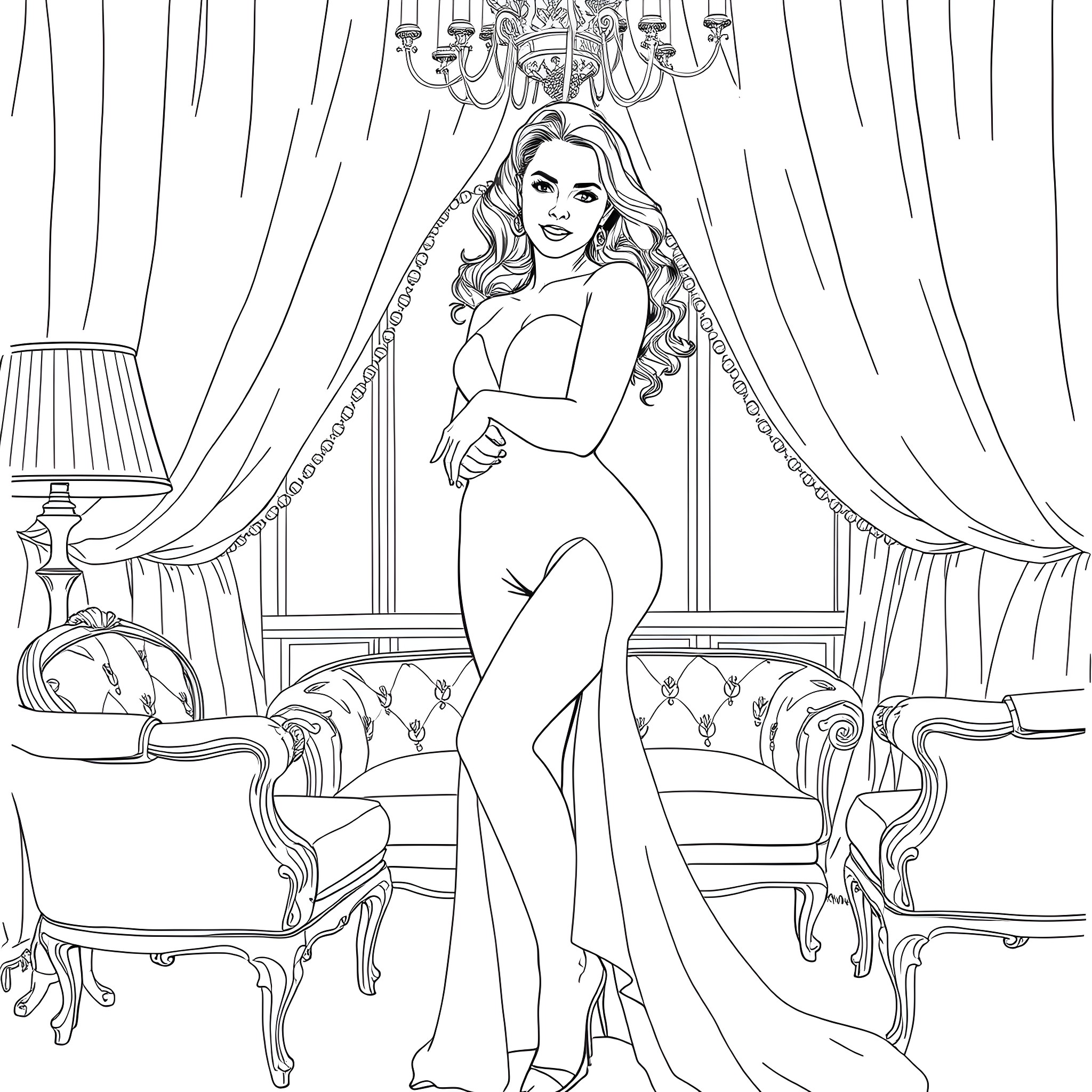 Sydney Sweeney in elegant pose against luxurious backdrop Coloring Page (free black-and-white line drawing printable PDF for all, from beginners to advanced learners, including children, teens, adults, and seniors)