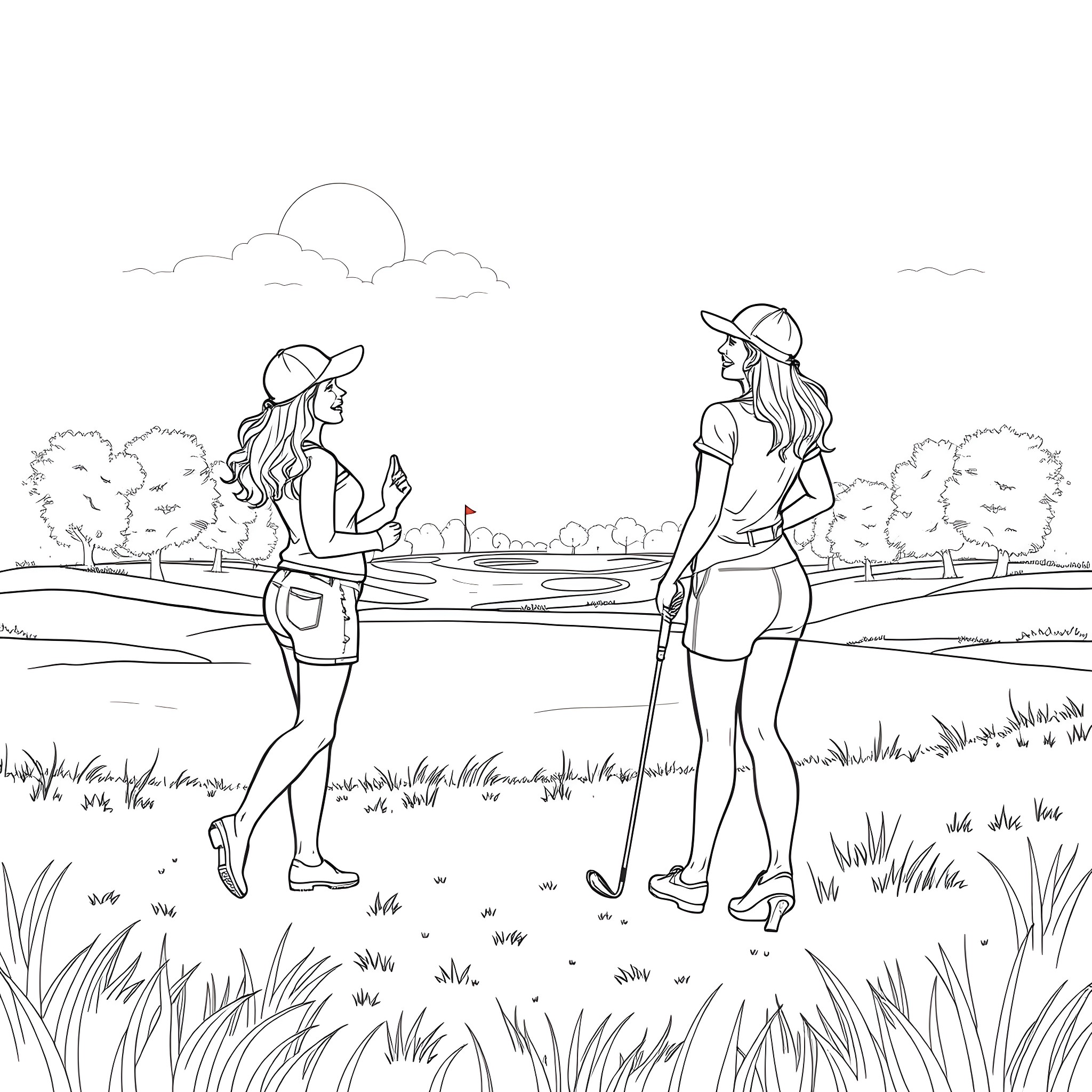 Girlfriend's Outdoor Adventure in Nature Coloring Page (free black-and-white line drawing printable PDF for all, from beginners to advanced learners, including children, teens, adults, and seniors)