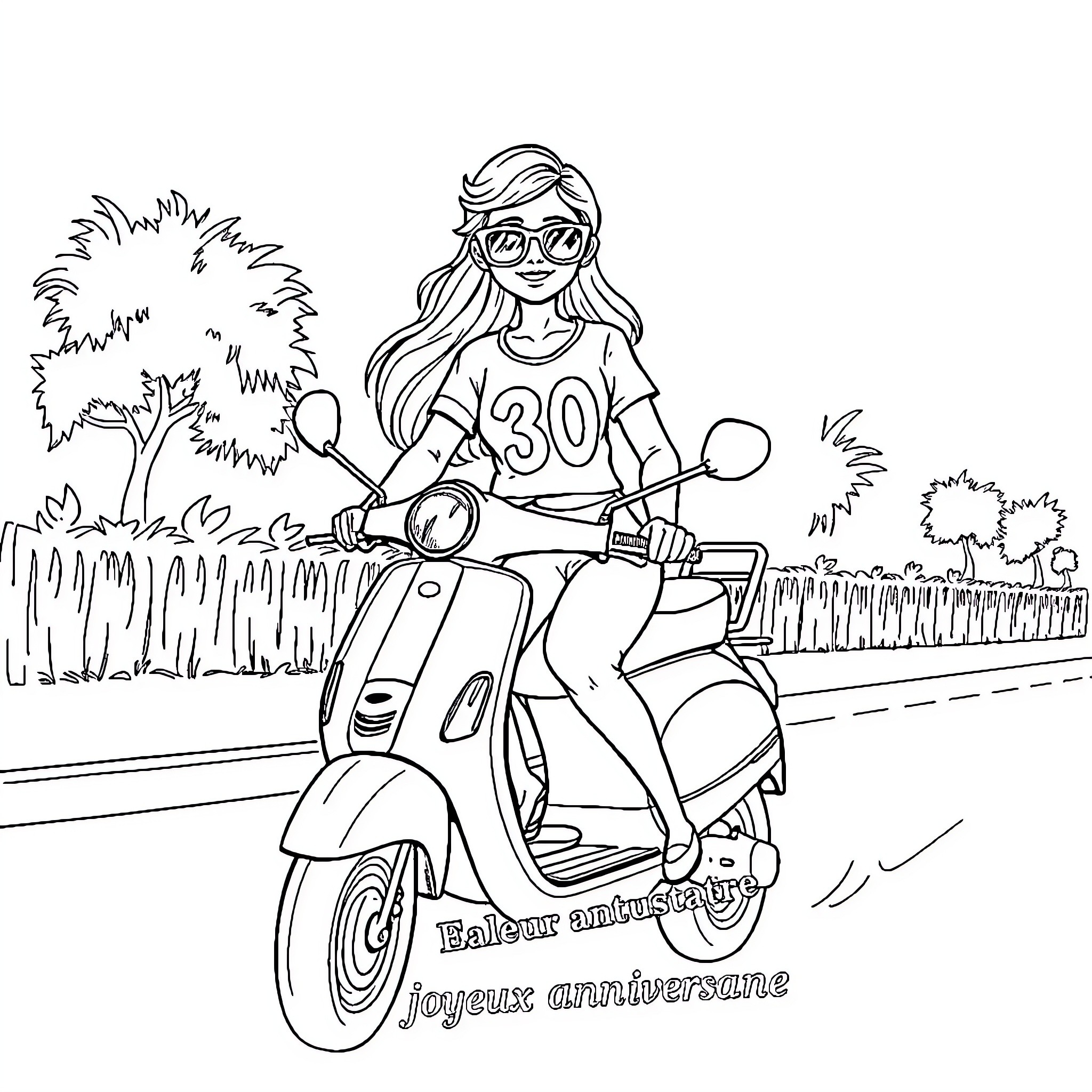 Girl riding scooter down scenic path Coloring Page (free black-and-white line drawing printable PDF for all, from beginners to advanced learners, including children, teens, adults, and seniors)