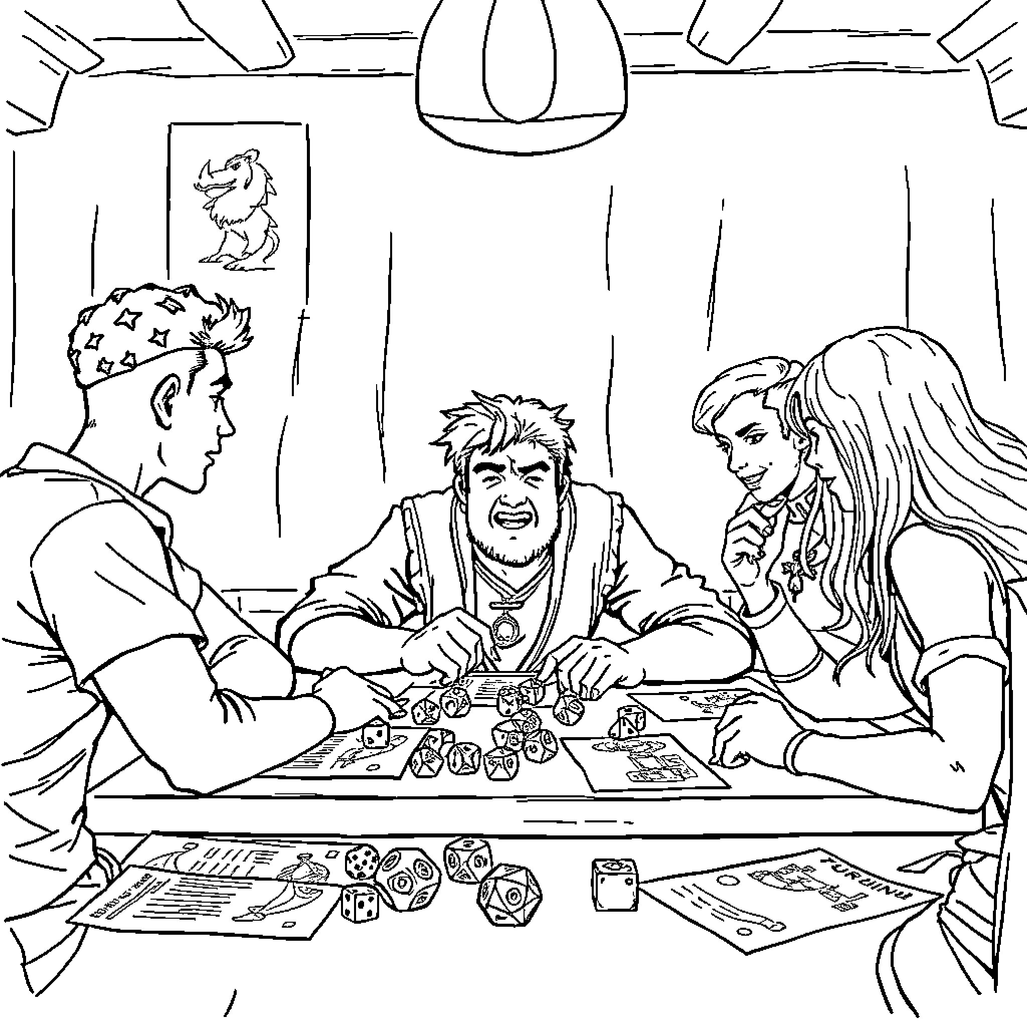 Joseph Joestar playing a game with friends Coloring Page (free black-and-white line drawing printable PDF for all, from beginners to advanced learners, including children, teens, adults, and seniors)