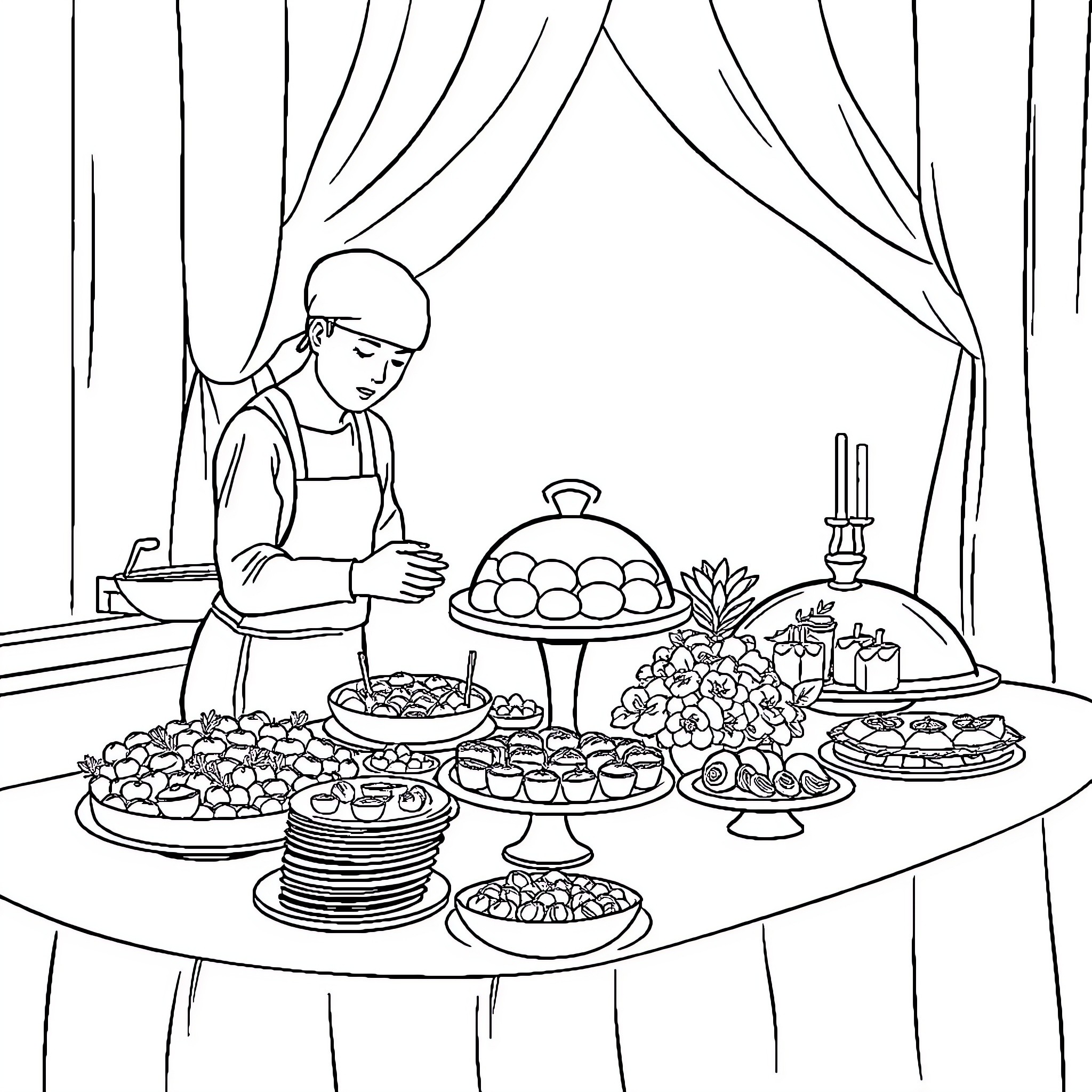 Catering: Preparing a Bountiful Spread Coloring Page (free black-and-white line drawing printable PDF for all, from beginners to advanced learners, including children, teens, adults, and seniors)