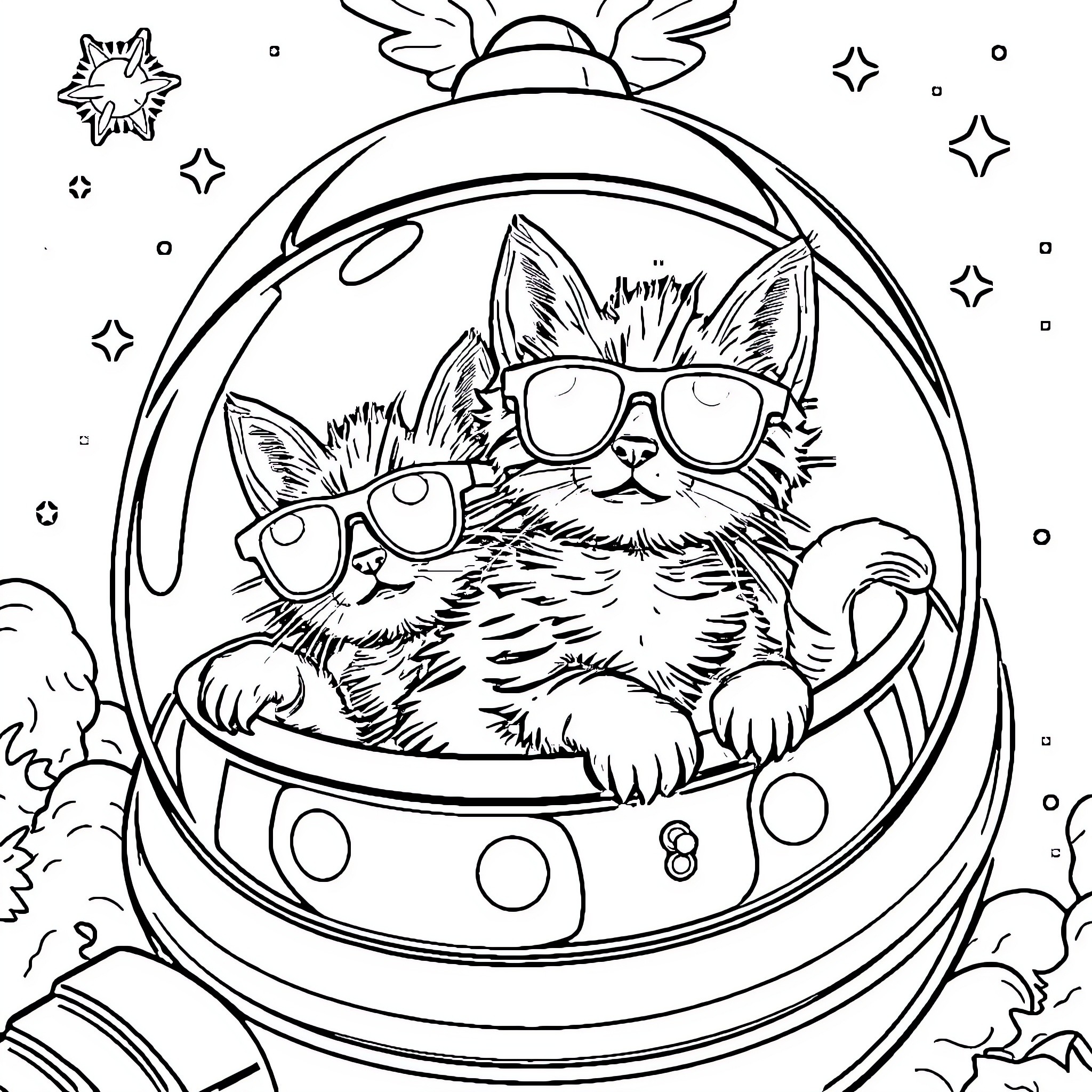 Kittens exploring in a futuristic spaceship Coloring Page (free black-and-white line drawing printable PDF for all, from beginners to advanced learners, including children, teens, adults, and seniors)