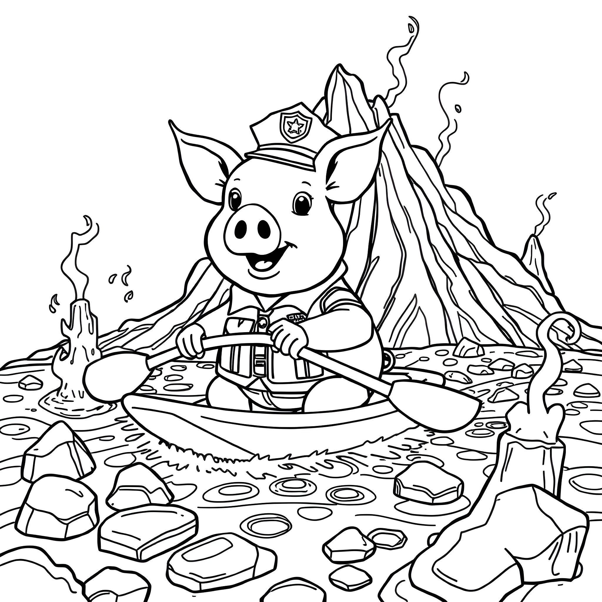 Pig Explorer in a Volcanic Landscape Coloring Page (free black-and-white line drawing printable PDF for all, from beginners to advanced learners, including children, teens, adults, and seniors)
