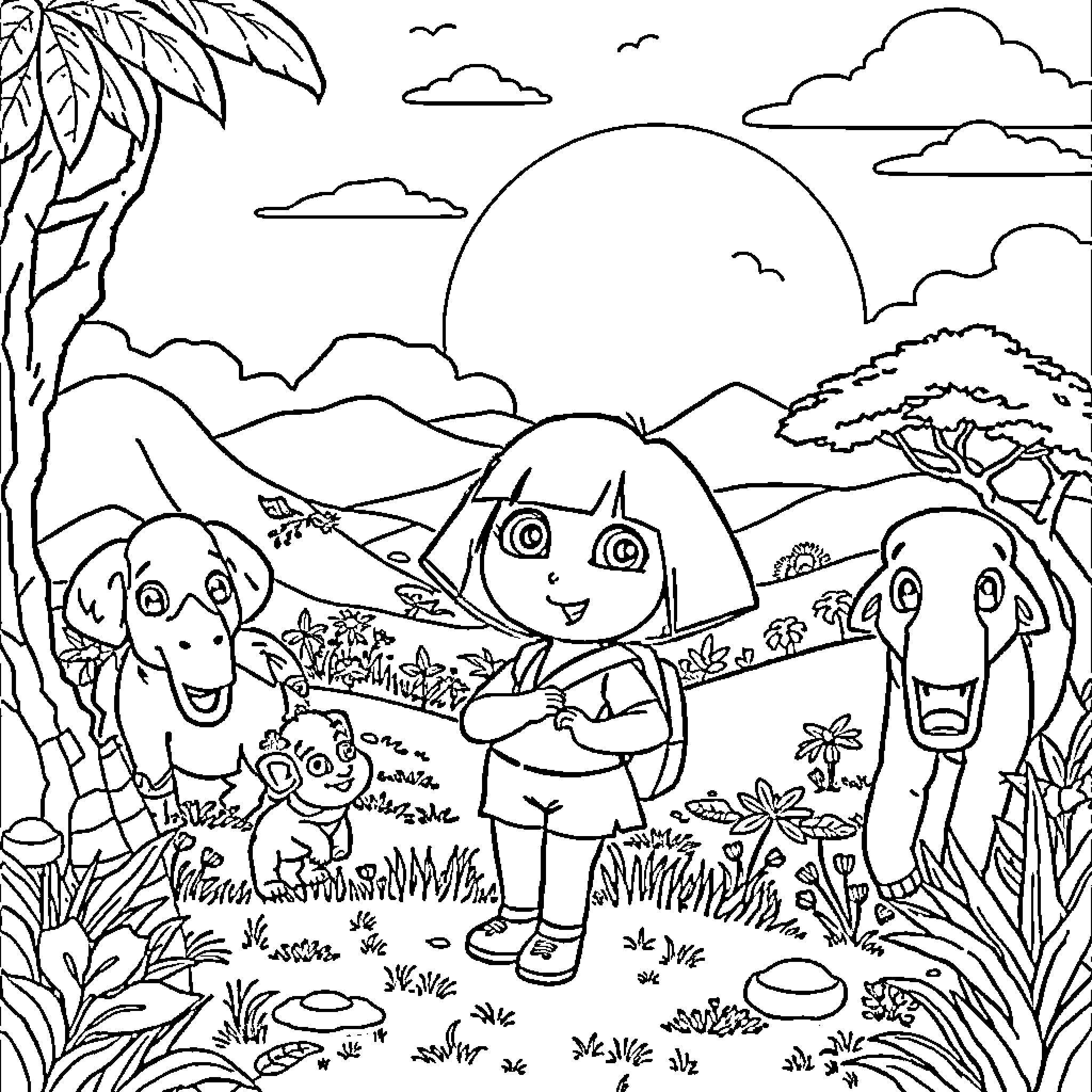 Dora's Adventurous Exploration in the Wilderness Coloring Page (free black-and-white line drawing printable PDF for all, from beginners to advanced learners, including children, teens, adults, and seniors)