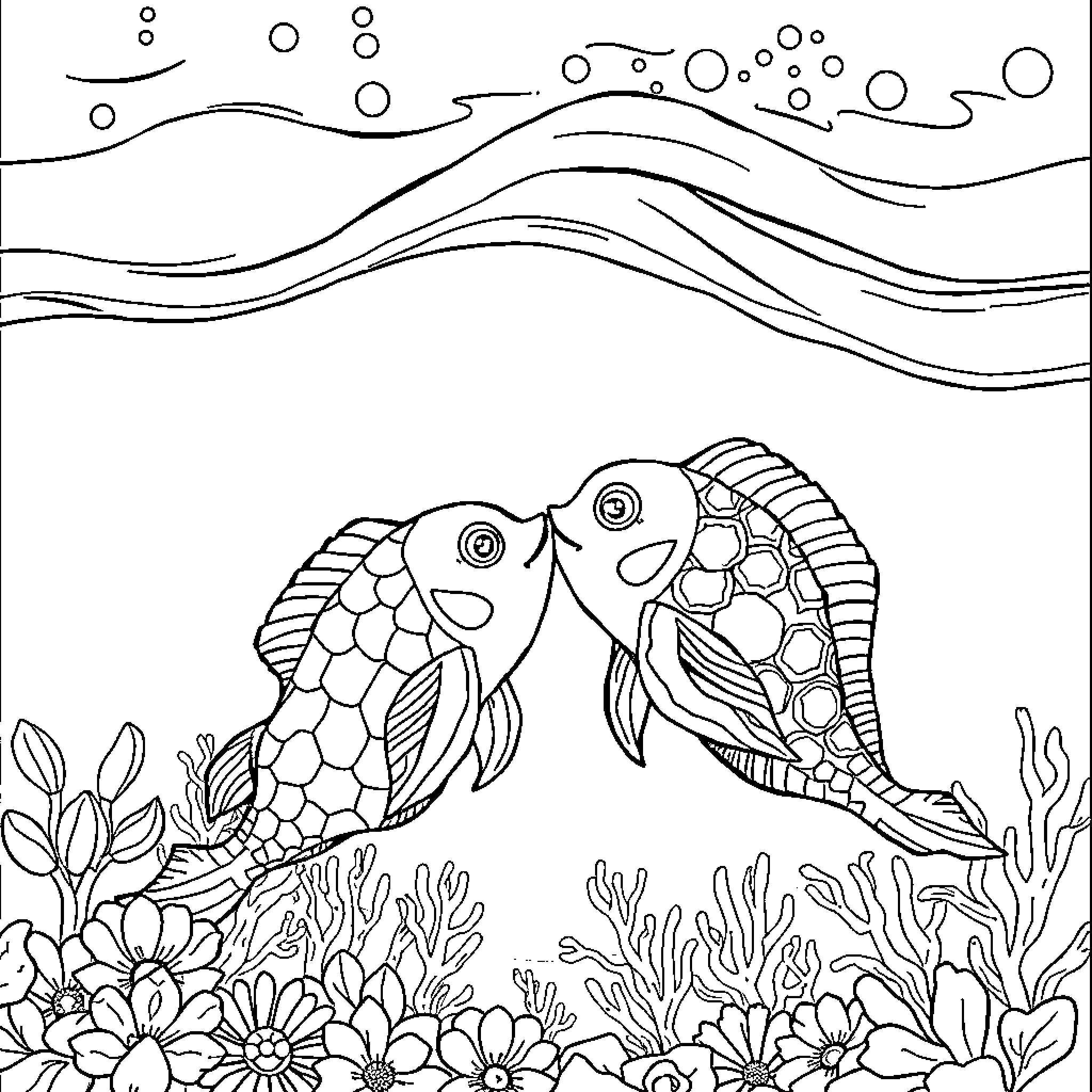 Sea Creature Interacting Playfully in Underwater Scene Coloring Page (free black-and-white line drawing printable PDF for all, from beginners to advanced learners, including children, teens, adults, and seniors)