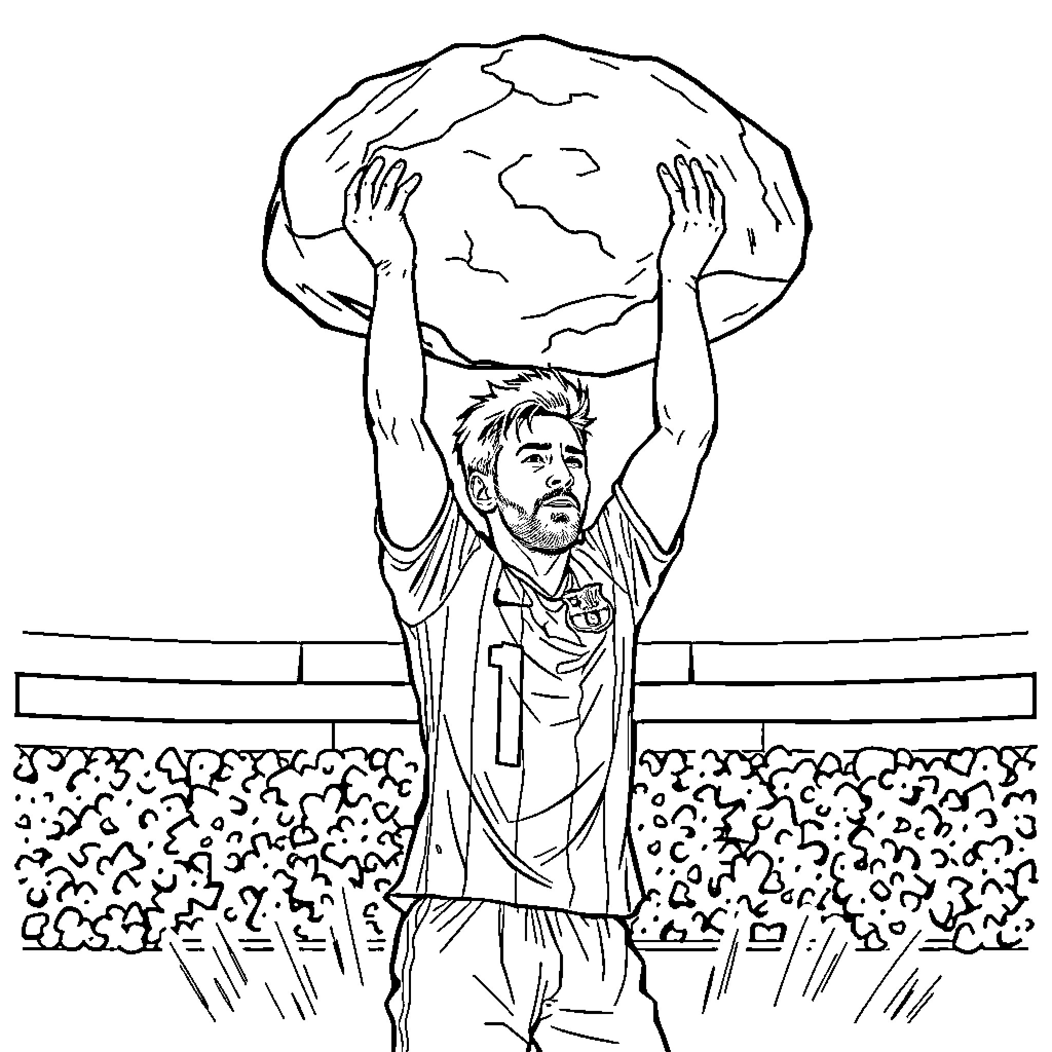 Messi celebrating victory on the field Coloring Page (free black-and-white line drawing printable PDF for all, from beginners to advanced learners, including children, teens, adults, and seniors)