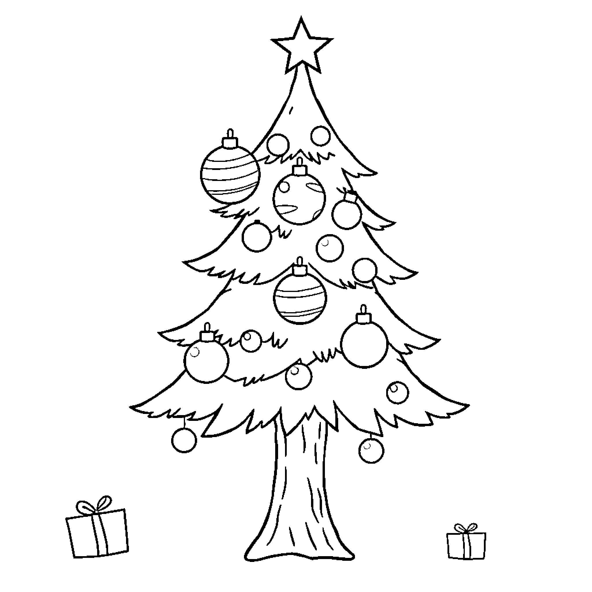 Christmas Tree with Ornaments and Gifts Coloring Page (free black-and-white line drawing printable PDF for all, from beginners to advanced learners, including children, teens, adults, and seniors)