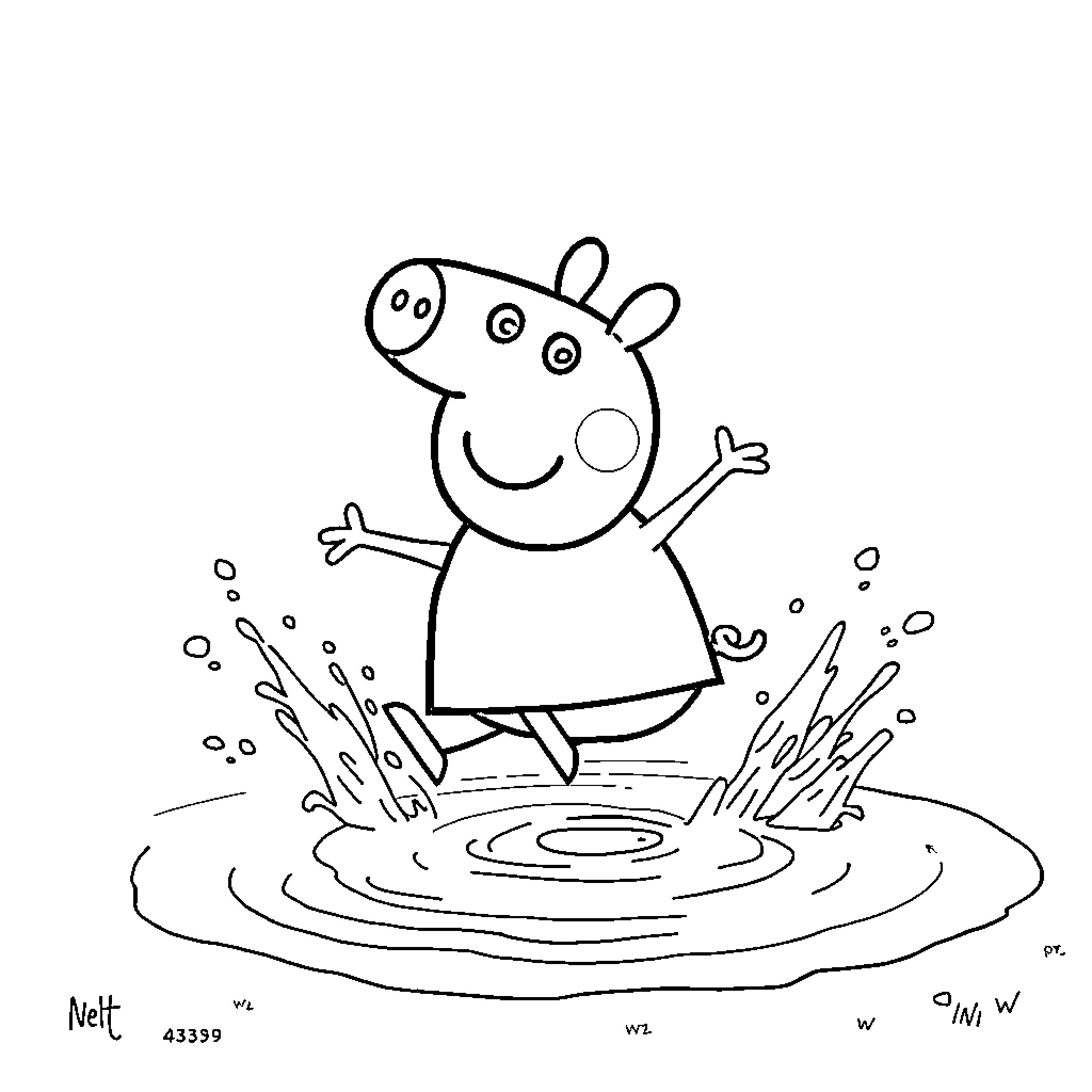 Peppa Pig Happily Splashing in Puddle Coloring Page (free black-and-white line drawing printable PDF for all, from beginners to advanced learners, including children, teens, adults, and seniors)