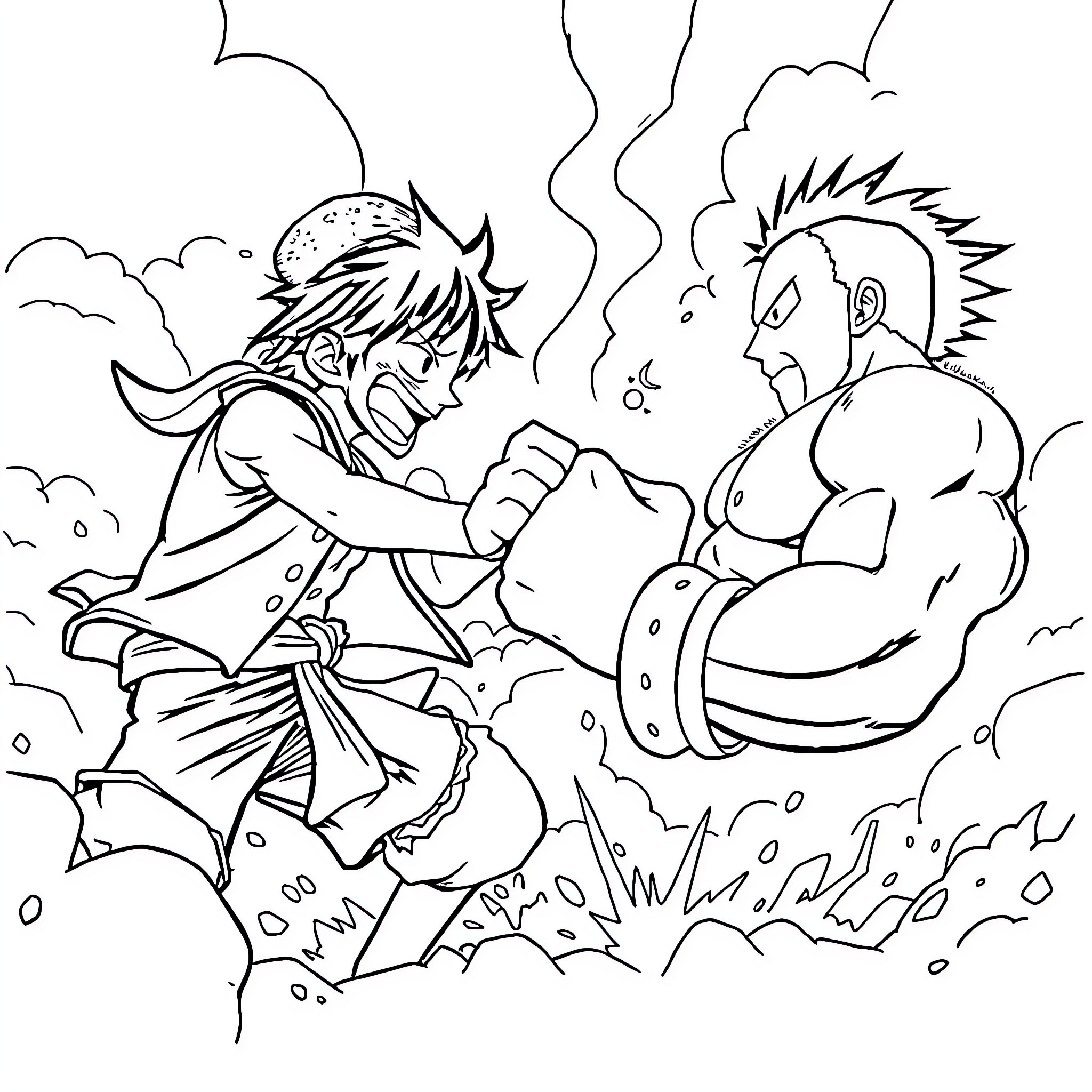 Luffy engaged in a fierce battle with a muscular opponent Coloring Page (free black-and-white line drawing printable PDF for all, from beginners to advanced learners, including children, teens, adults, and seniors)