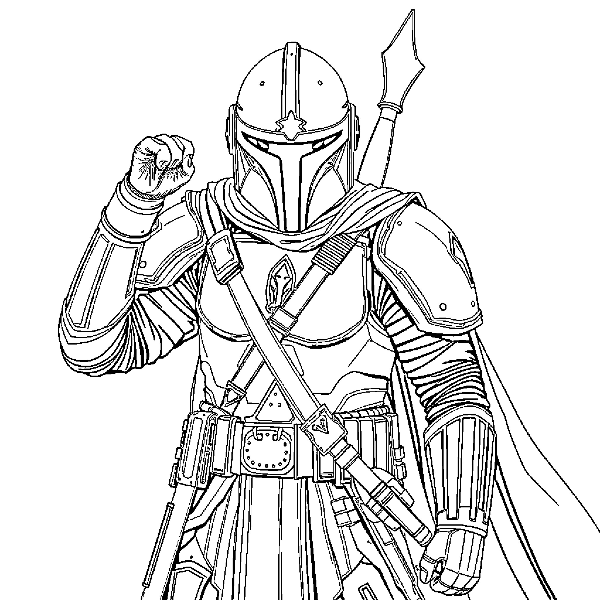 Mandalorian warrior in combat-ready stance Coloring Page (free black-and-white line drawing printable PDF for all, from beginners to advanced learners, including children, teens, adults, and seniors)