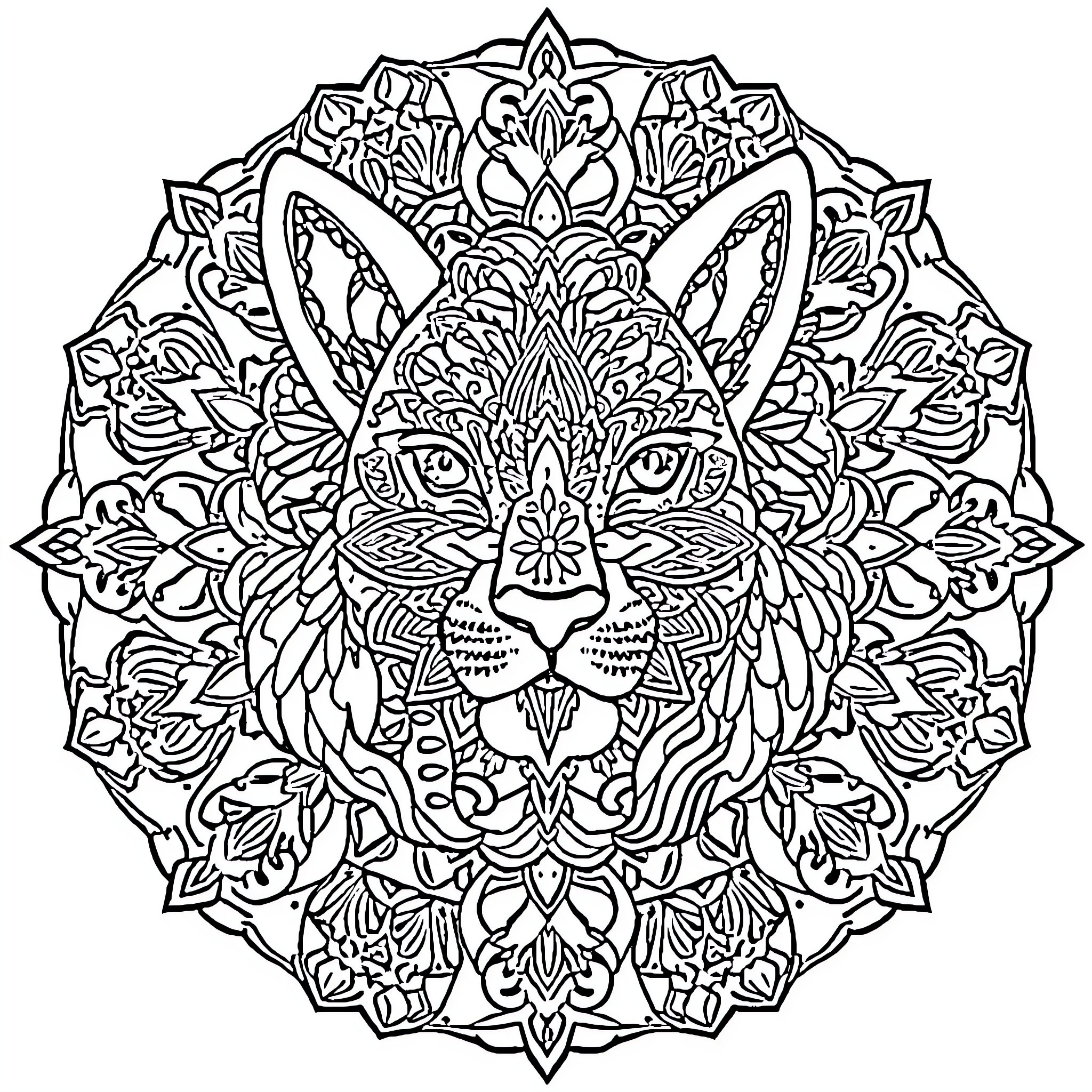 Animal mandala with ornate rabbit-like creature Coloring Page (free black-and-white line drawing printable PDF for all, from beginners to advanced learners, including children, teens, adults, and seniors)