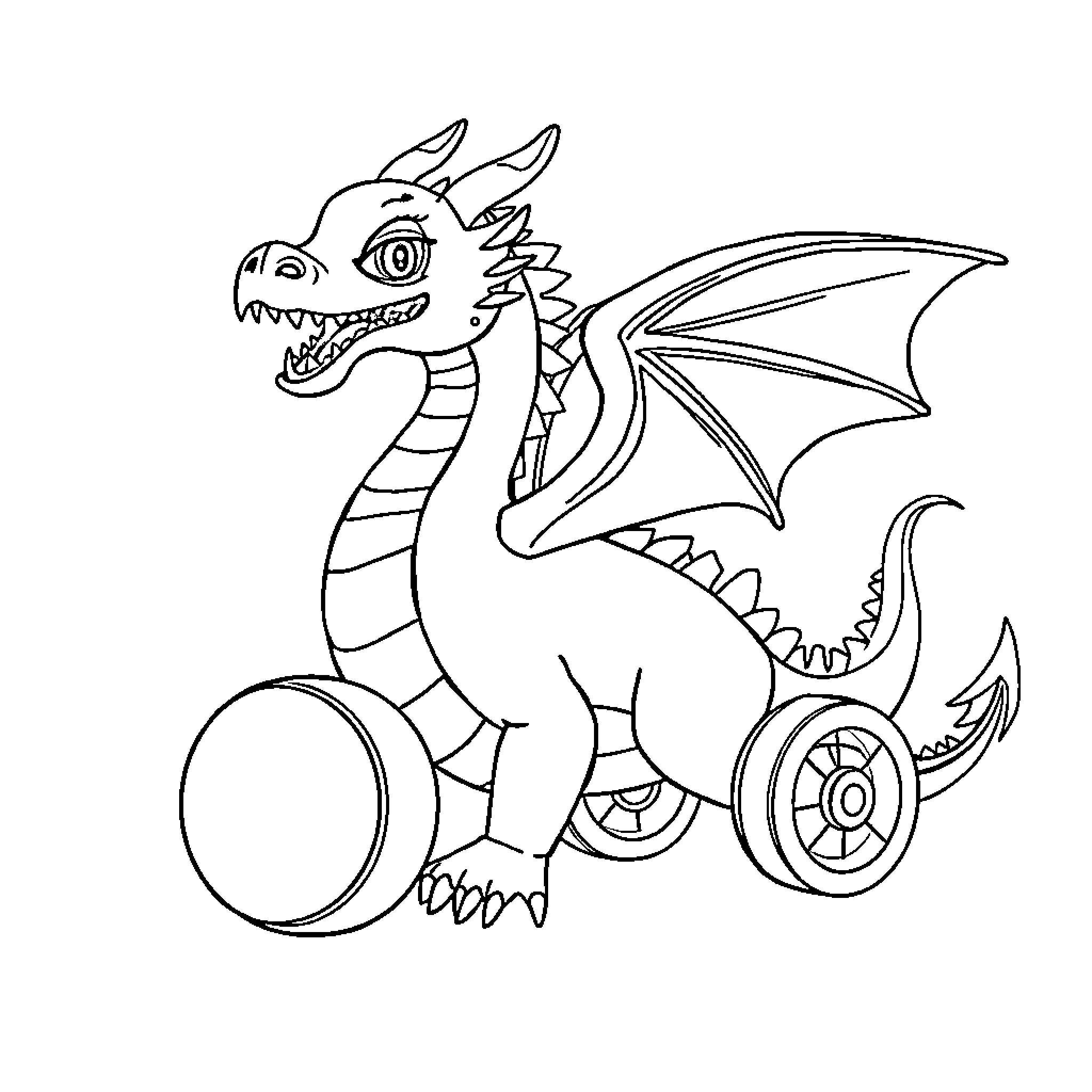 Dragon riding on a wheeled device Coloring Page (free black-and-white line drawing printable PDF for all, from beginners to advanced learners, including children, teens, adults, and seniors)
