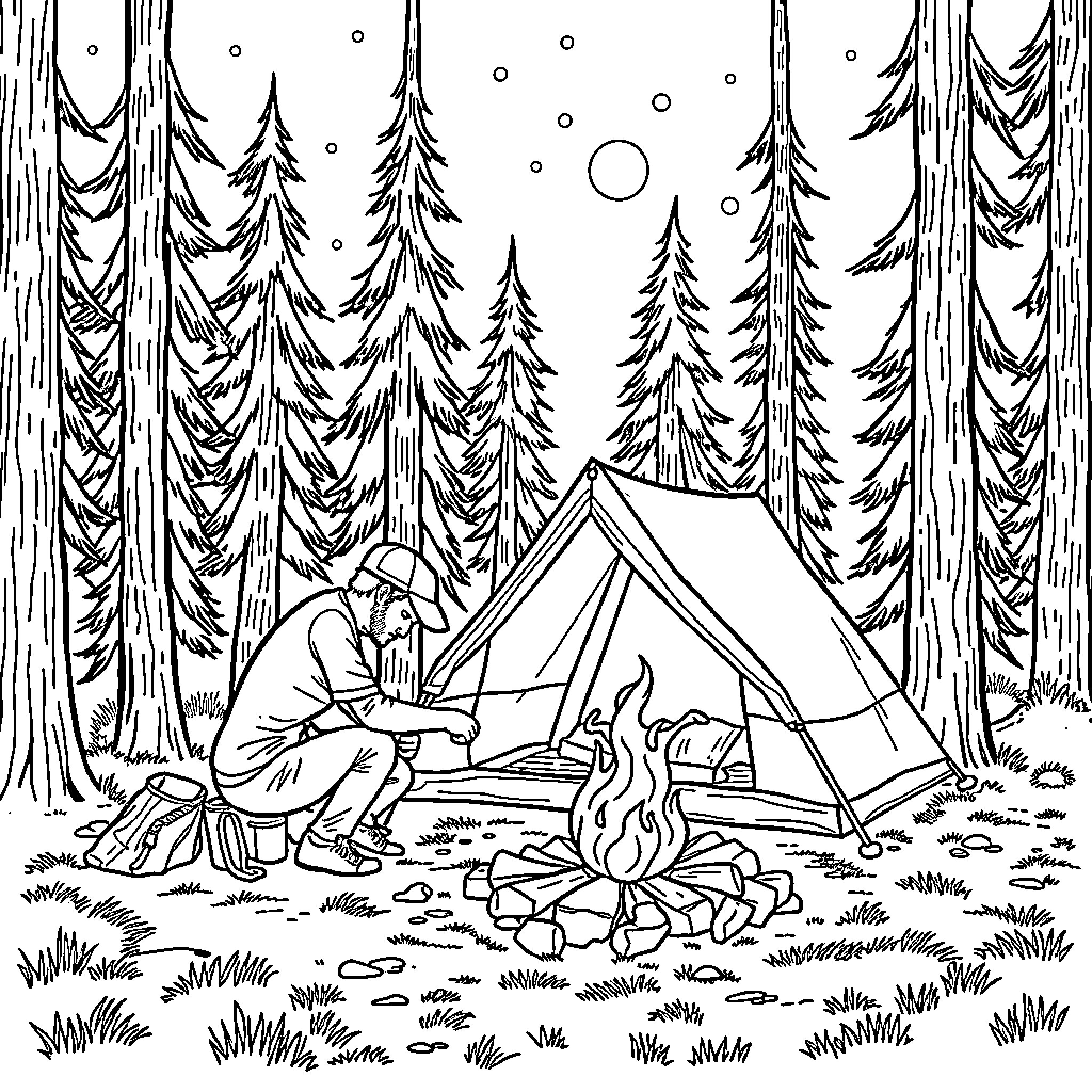 Man enjoying camping in a snowy forest Coloring Page (free black-and-white line drawing printable PDF for all, from beginners to advanced learners, including children, teens, adults, and seniors)