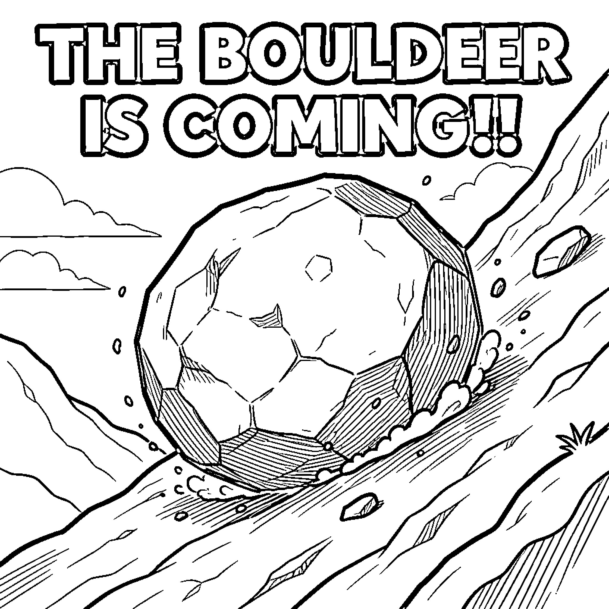 Boulder racing down the mountain Coloring Page (free black-and-white line drawing printable PDF for all, from beginners to advanced learners, including children, teens, adults, and seniors)