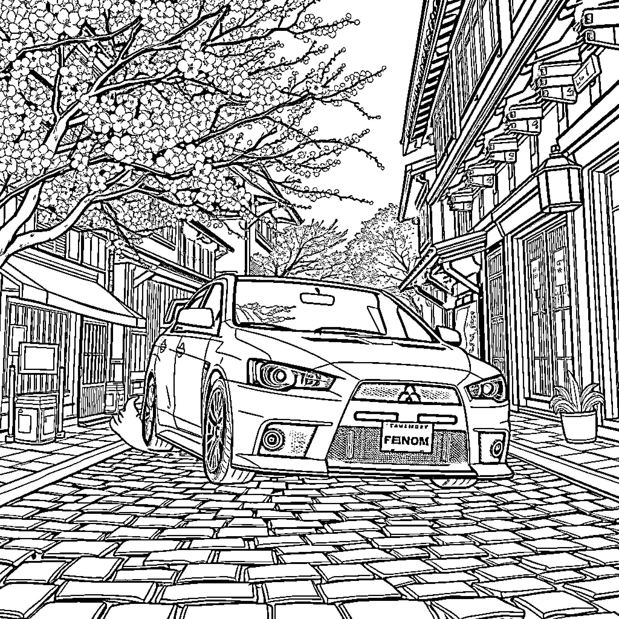 Lancer on a cobblestone street under blossoming trees Coloring Page (free black-and-white line drawing printable PDF for all, from beginners to advanced learners, including children, teens, adults, and seniors)