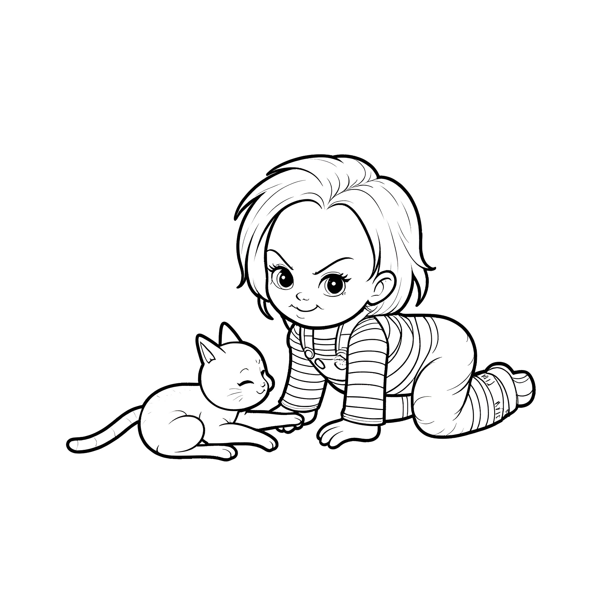 Chucky playing with a cat Coloring Page (free black-and-white line drawing printable PDF for all, from beginners to advanced learners, including children, teens, adults, and seniors)
