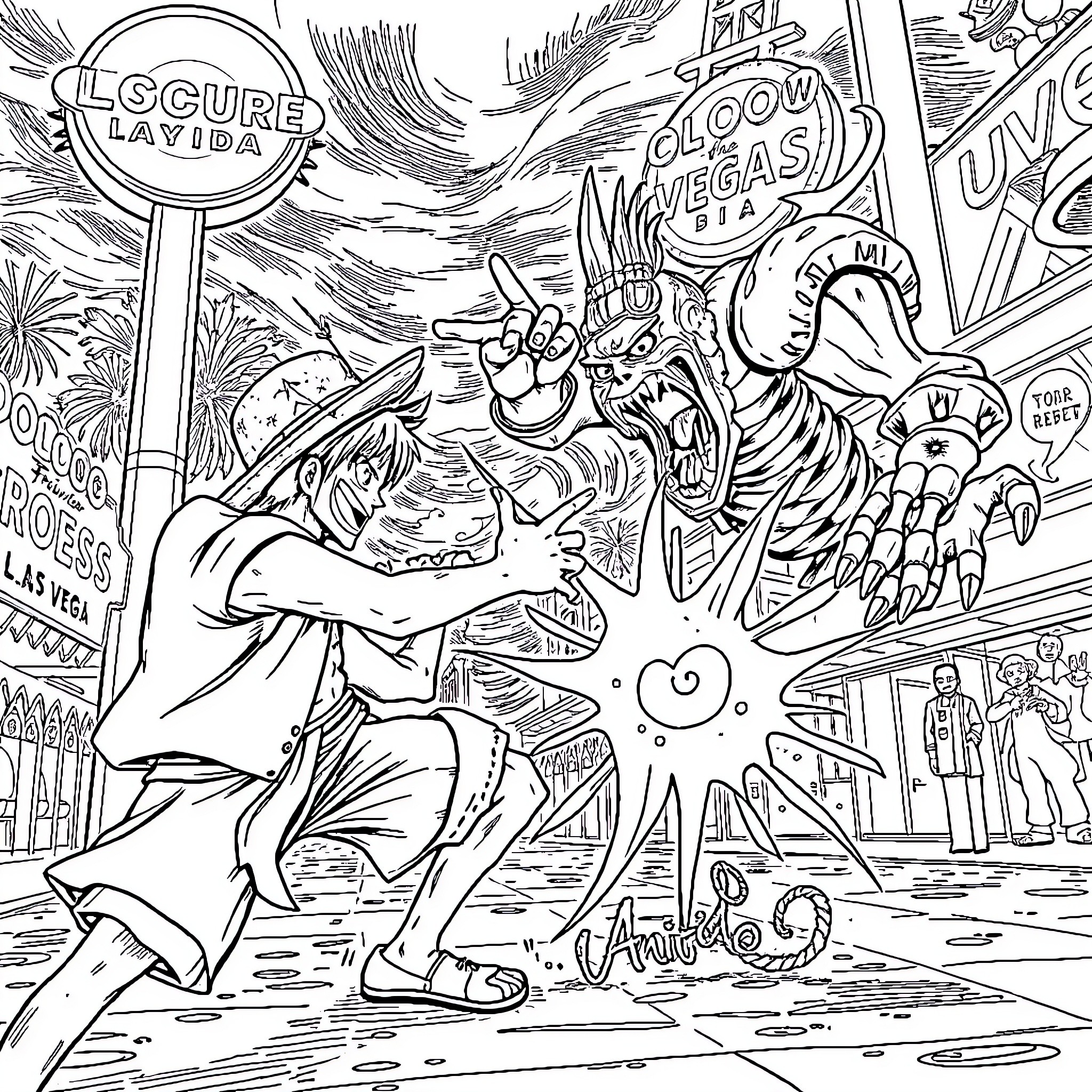 Luffy's Exciting Adventure in the Vibrant City Coloring Page (free black-and-white line drawing printable PDF for all, from beginners to advanced learners, including children, teens, adults, and seniors)