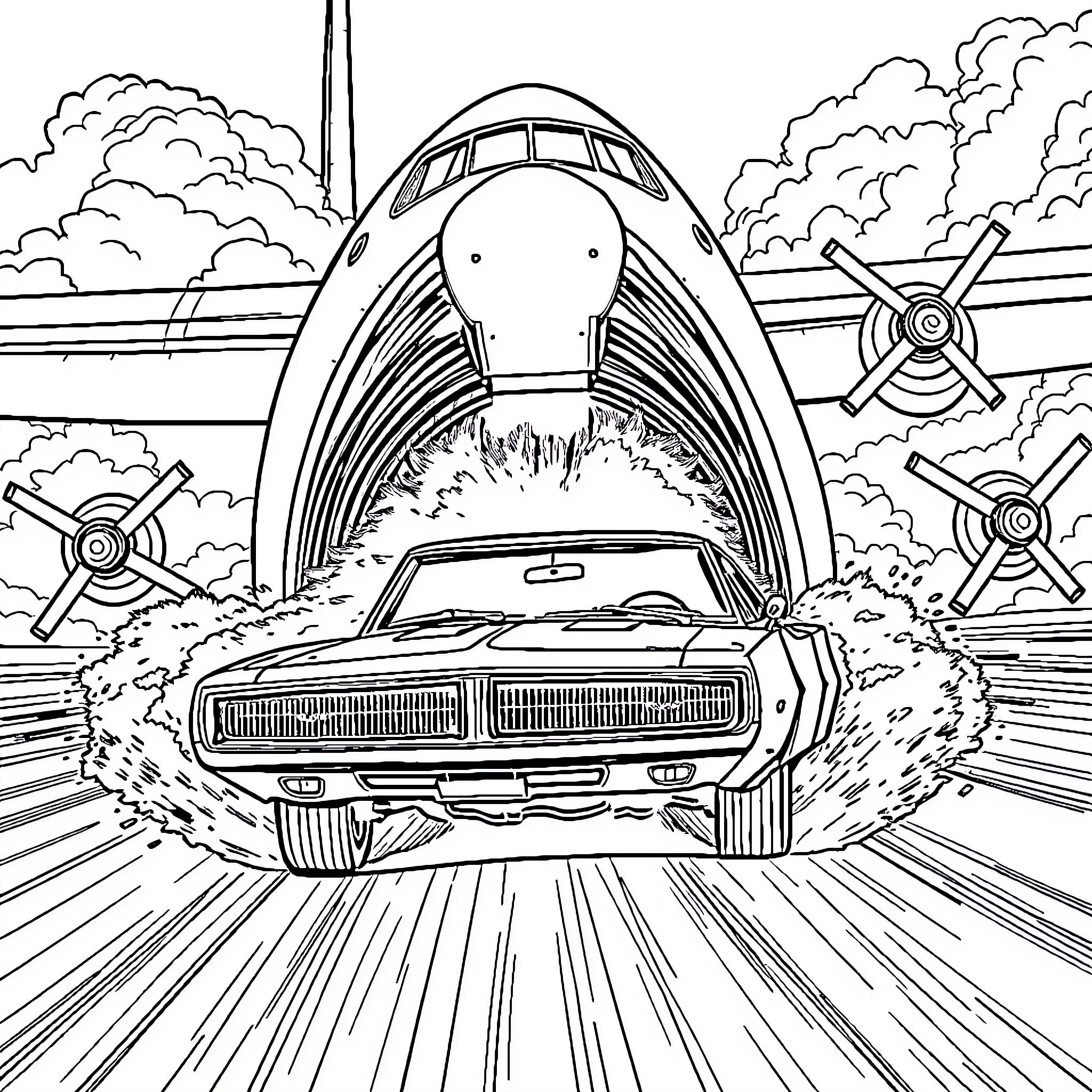 Dodge Charger speeding through a futuristic landscape Coloring Page (free black-and-white line drawing printable PDF for all, from beginners to advanced learners, including children, teens, adults, and seniors)