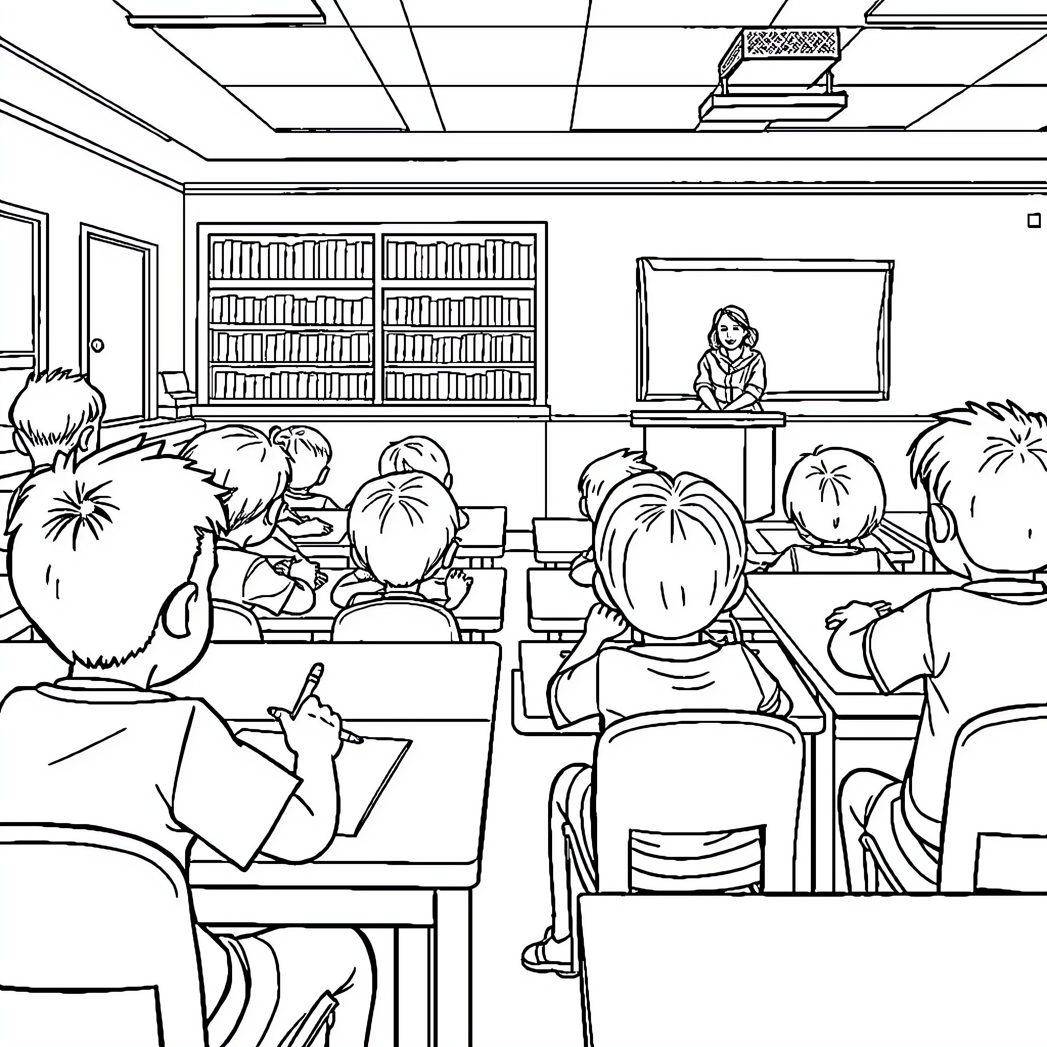 Niño en el aula de clase con compañeros Coloring Page (free black-and-white line drawing printable PDF for all, from beginners to advanced learners, including children, teens, adults, and seniors)