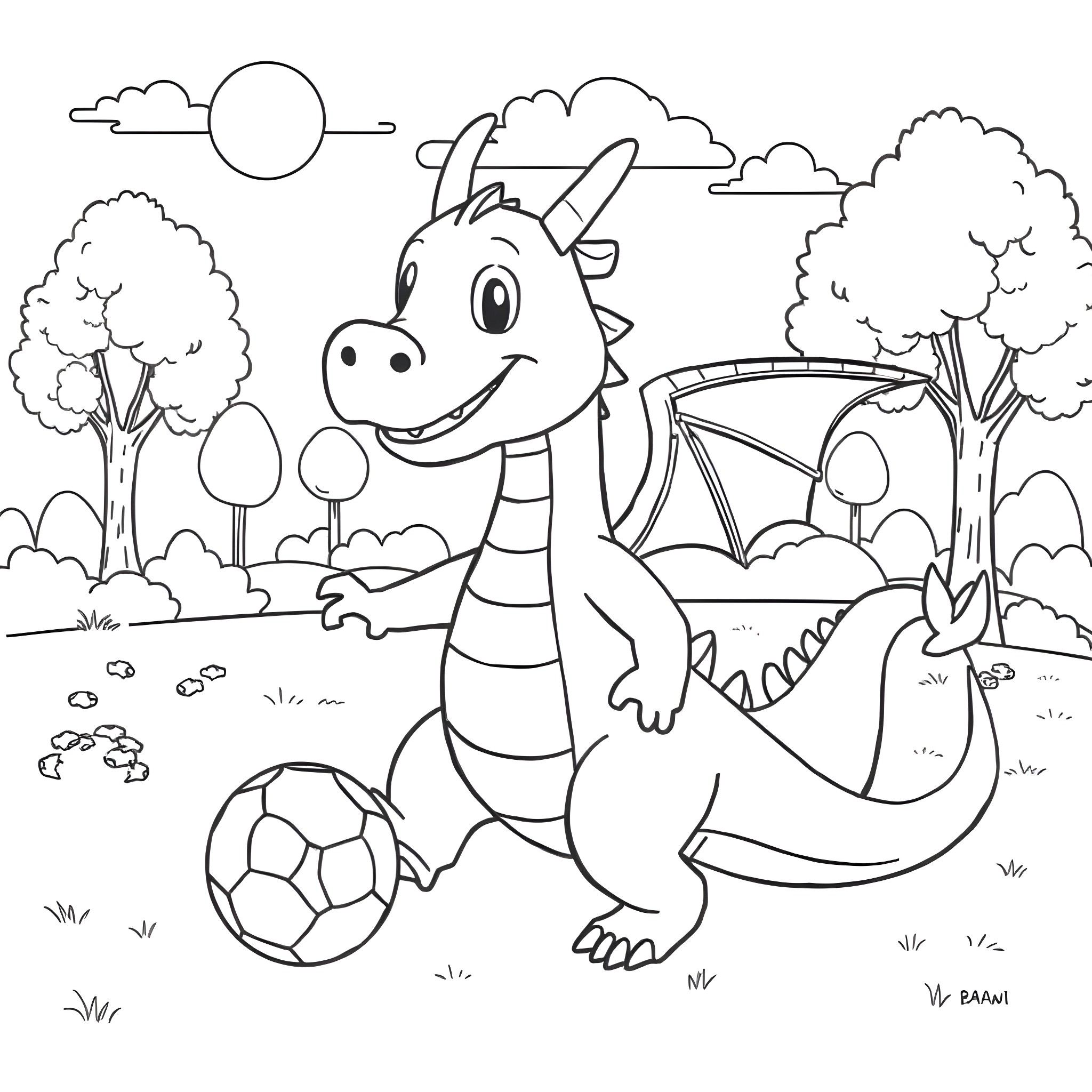 Dragon playing with a soccer ball in the park Coloring Page (free black-and-white line drawing printable PDF for all, from beginners to advanced learners, including children, teens, adults, and seniors)