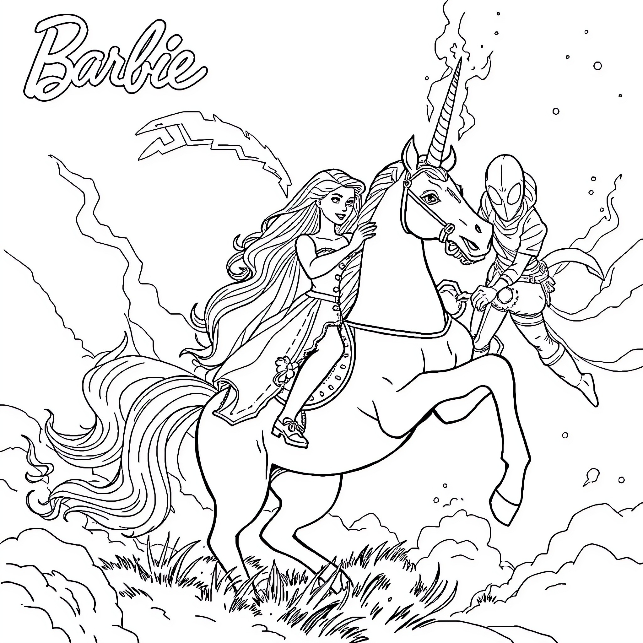 Barbie on a magical unicorn adventure Coloring Page (free black-and-white line drawing printable PDF for all, from beginners to advanced learners, including children, teens, adults, and seniors)