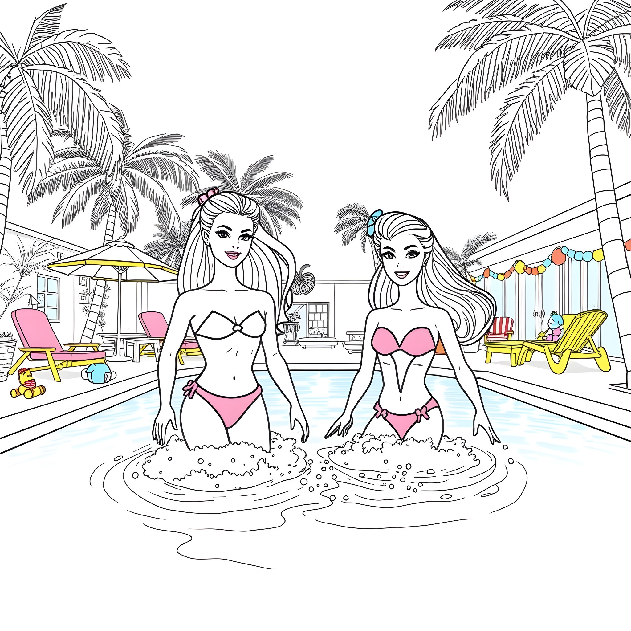 Barbie dolls relaxing at the beach Coloring Page (free black-and-white line drawing printable PDF for all, from beginners to advanced learners, including children, teens, adults, and seniors)