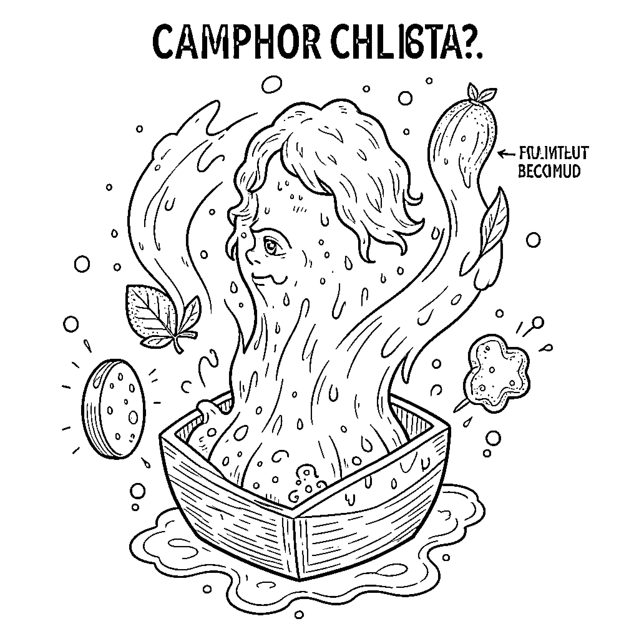 Camphor character emerging from a bowl with organic shapes Coloring Page (free black-and-white line drawing printable PDF for all, from beginners to advanced learners, including children, teens, adults, and seniors)