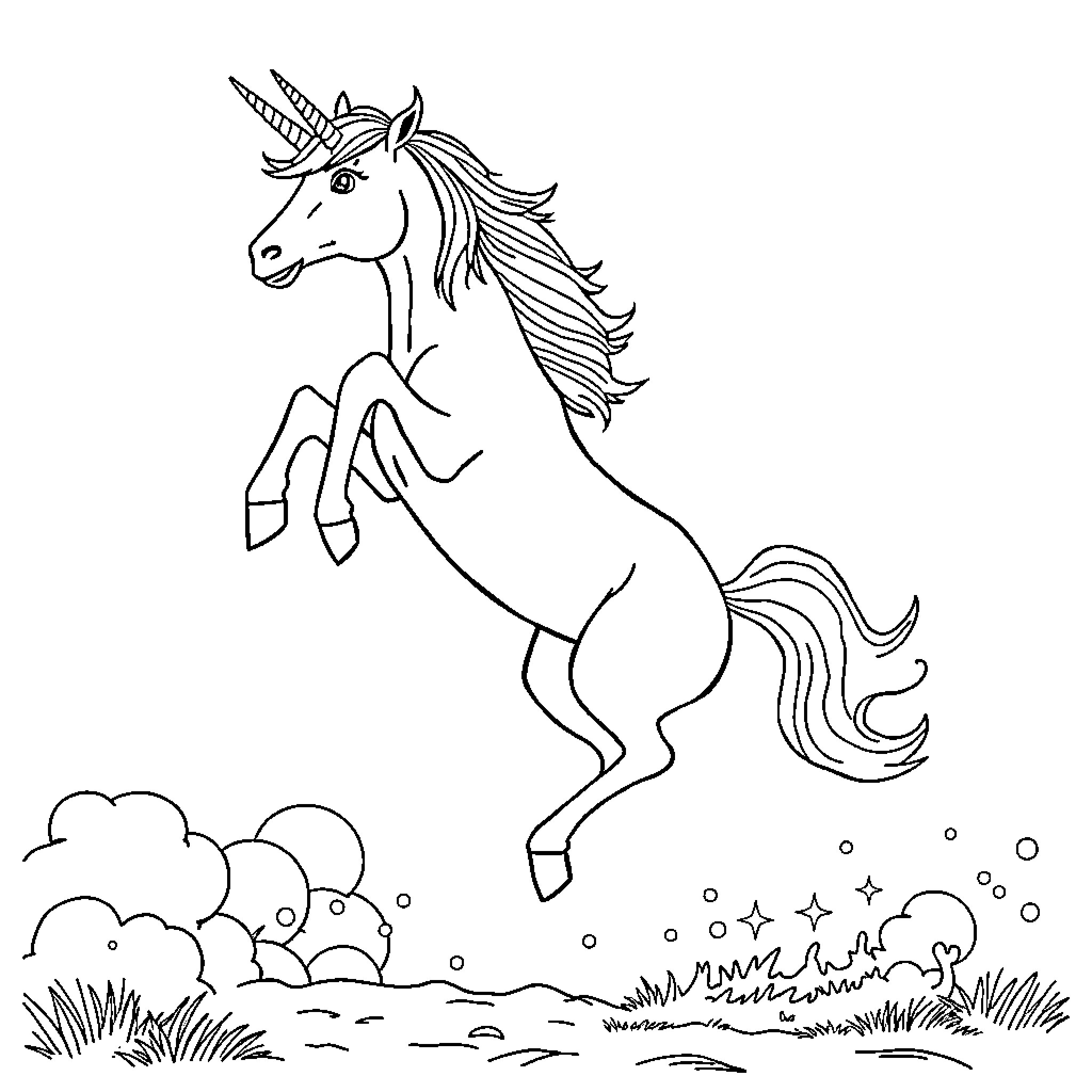 Unicorn jumping gracefully in nature Coloring Page (free black-and-white line drawing printable PDF for all, from beginners to advanced learners, including children, teens, adults, and seniors)