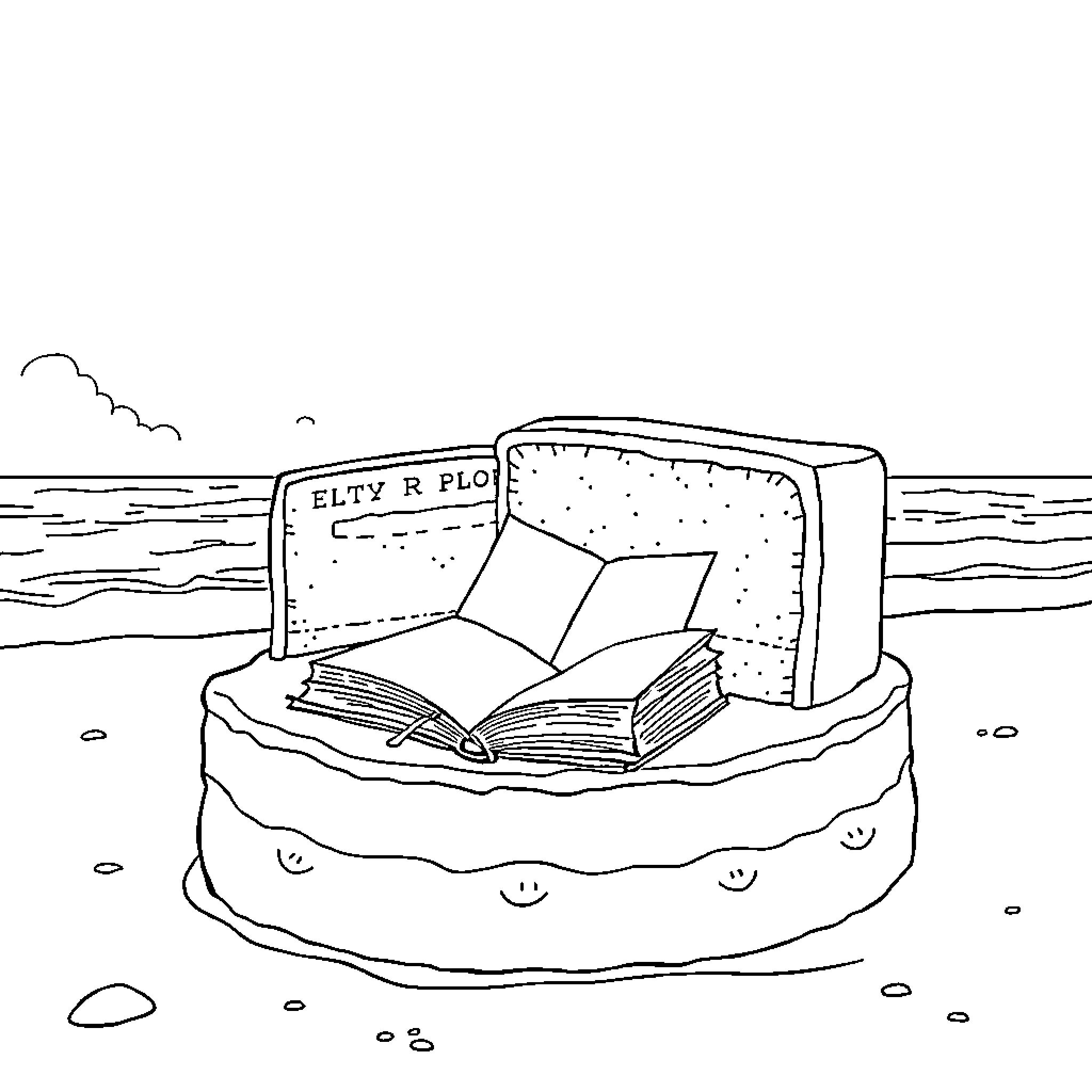 Book floating on the beach Coloring Page (free black-and-white line drawing printable PDF for all, from beginners to advanced learners, including children, teens, adults, and seniors)