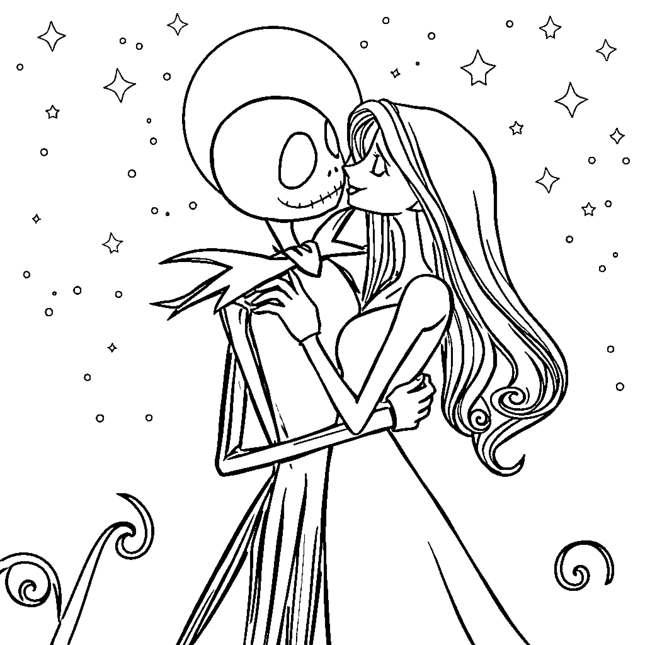 Jack Skellington embracing a female figure in starry night Coloring Page (free black-and-white line drawing printable PDF for all, from beginners to advanced learners, including children, teens, adults, and seniors)