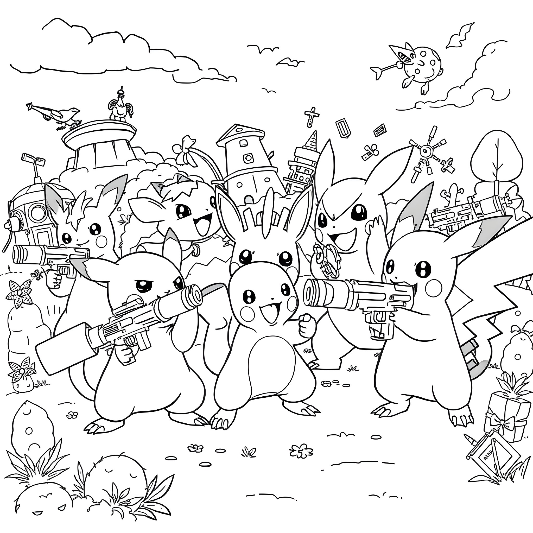 Pokémon Adventurers in a Fantastical Landscape Coloring Page (free black-and-white line drawing printable PDF for all, from beginners to advanced learners, including children, teens, adults, and seniors)