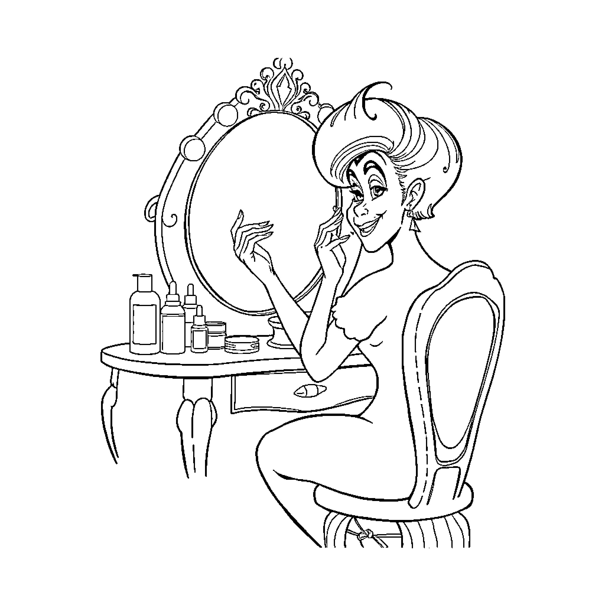 Ursula getting ready at her vanity mirror Coloring Page (free black-and-white line drawing printable PDF for all, from beginners to advanced learners, including children, teens, adults, and seniors)