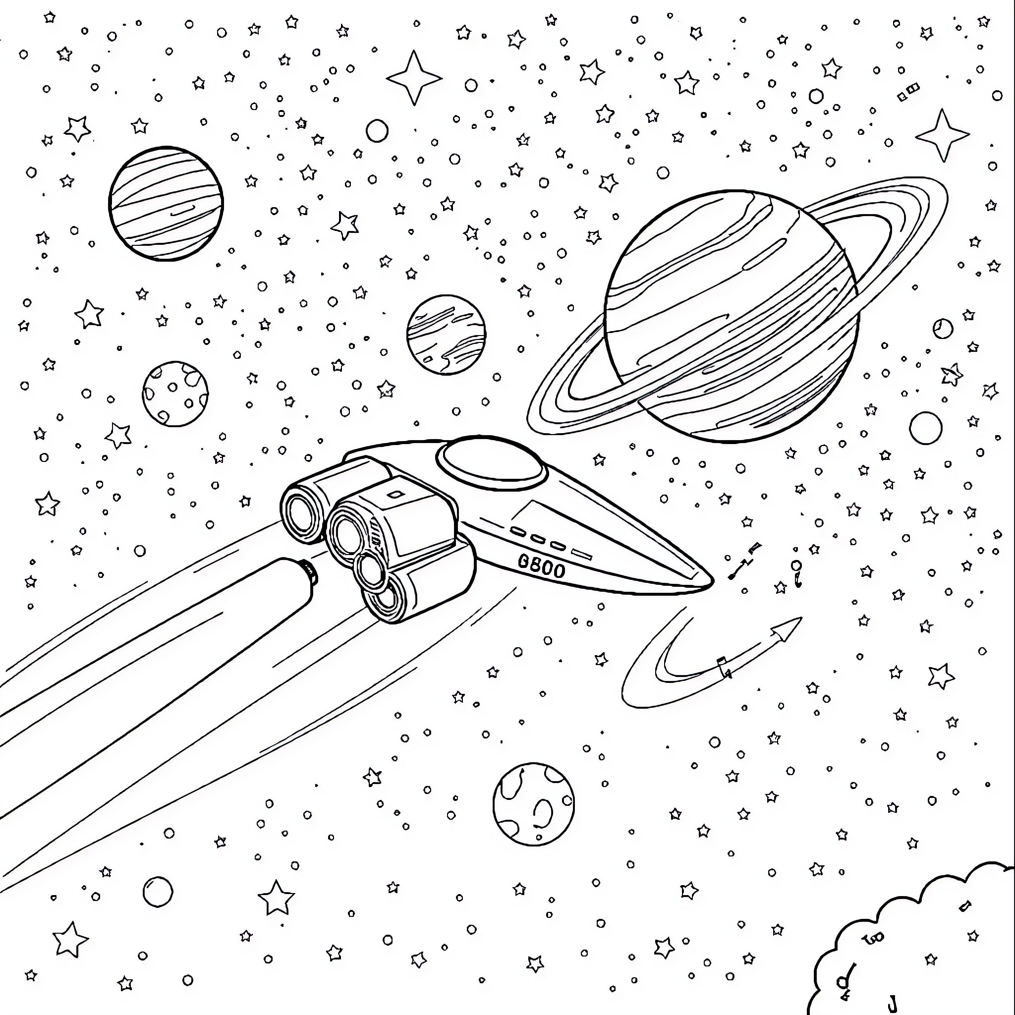 Spaceship exploring the vast cosmic landscape Coloring Page (free black-and-white line drawing printable PDF for all, from beginners to advanced learners, including children, teens, adults, and seniors)