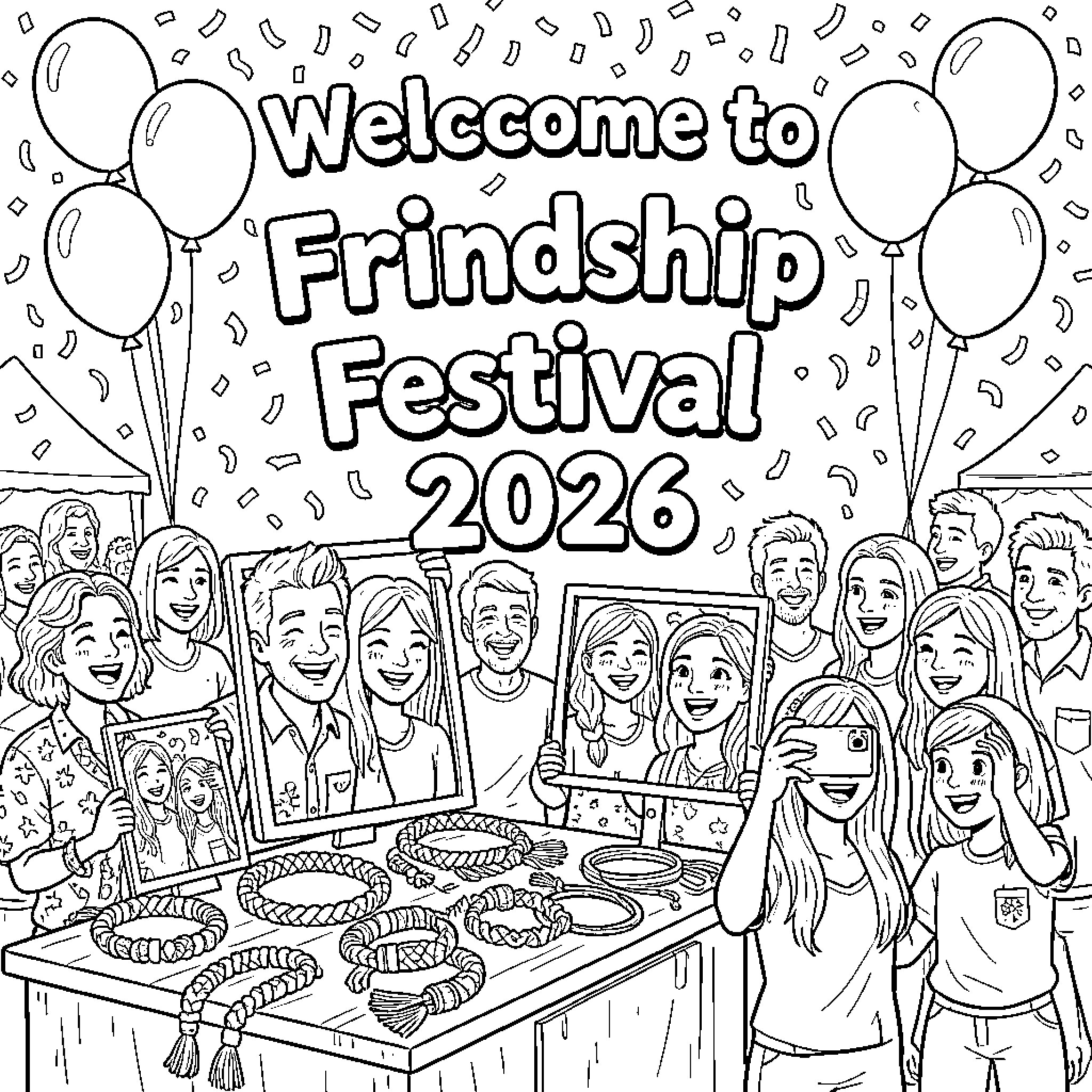 Friendship festival with people celebrating and taking photos Coloring Page (free black-and-white line drawing printable PDF for all, from beginners to advanced learners, including children, teens, adults, and seniors)