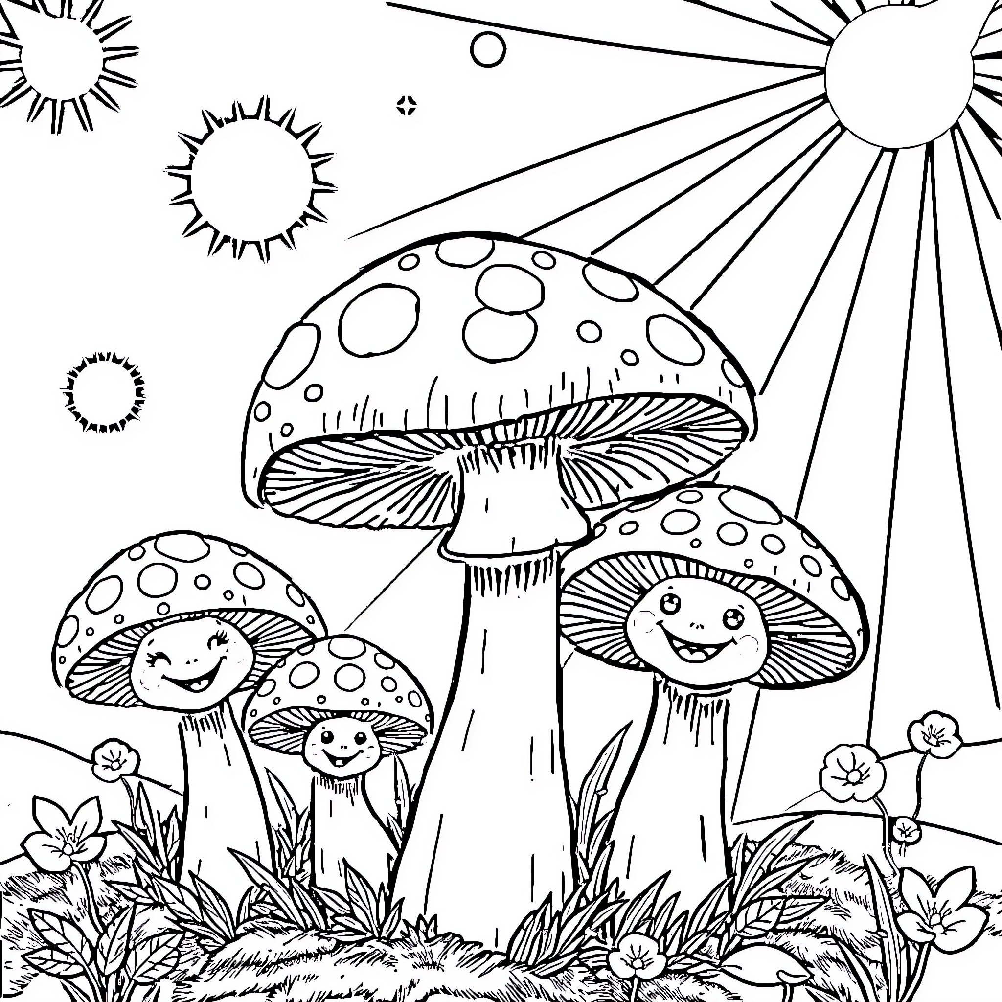 Mushroom friends enjoying a sunny day Coloring Page (free black-and-white line drawing printable PDF for all, from beginners to advanced learners, including children, teens, adults, and seniors)