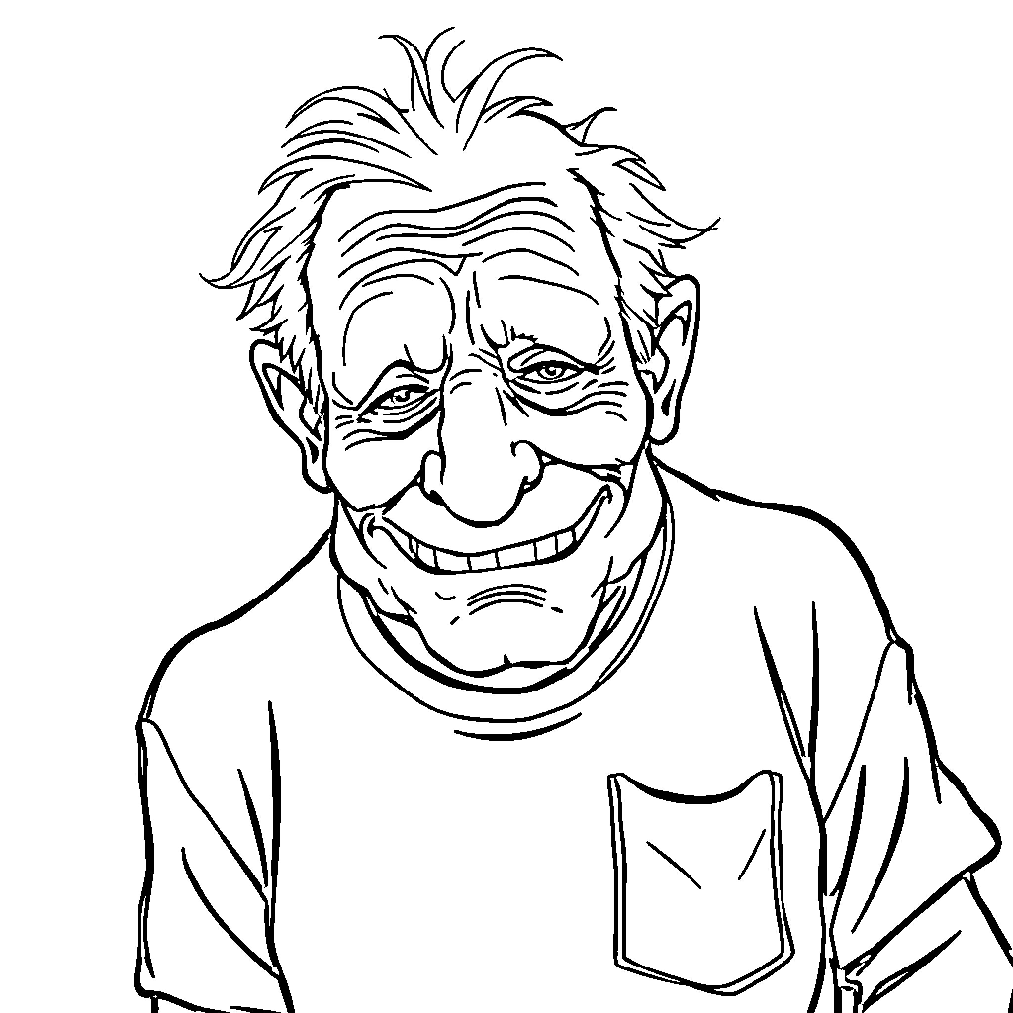 Man with a mischievous grin and disheveled appearance Coloring Page (free black-and-white line drawing printable PDF for all, from beginners to advanced learners, including children, teens, adults, and seniors)