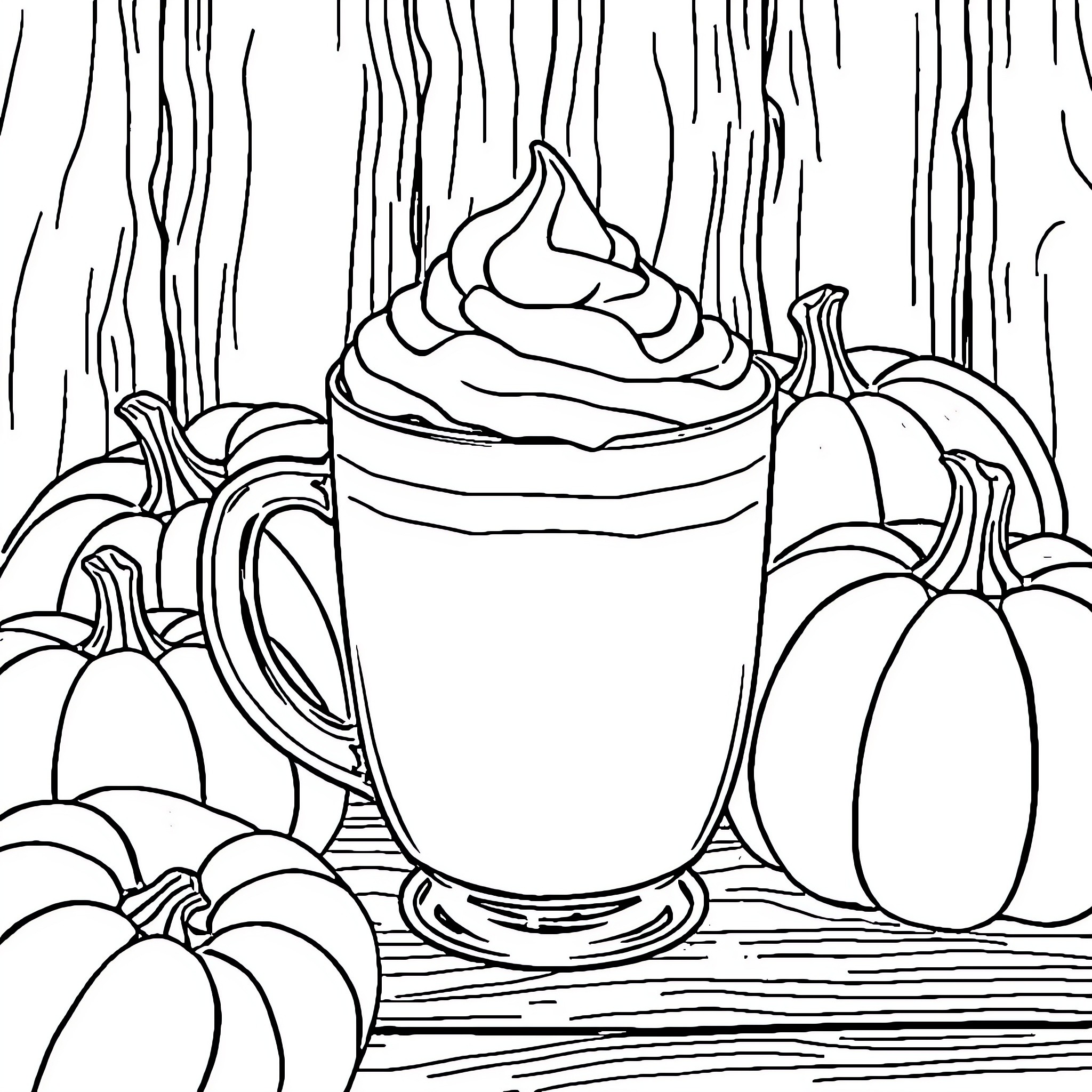 Cappuccino and Pumpkins on Wooden Surface Coloring Page (free black-and-white line drawing printable PDF for all, from beginners to advanced learners, including children, teens, adults, and seniors)